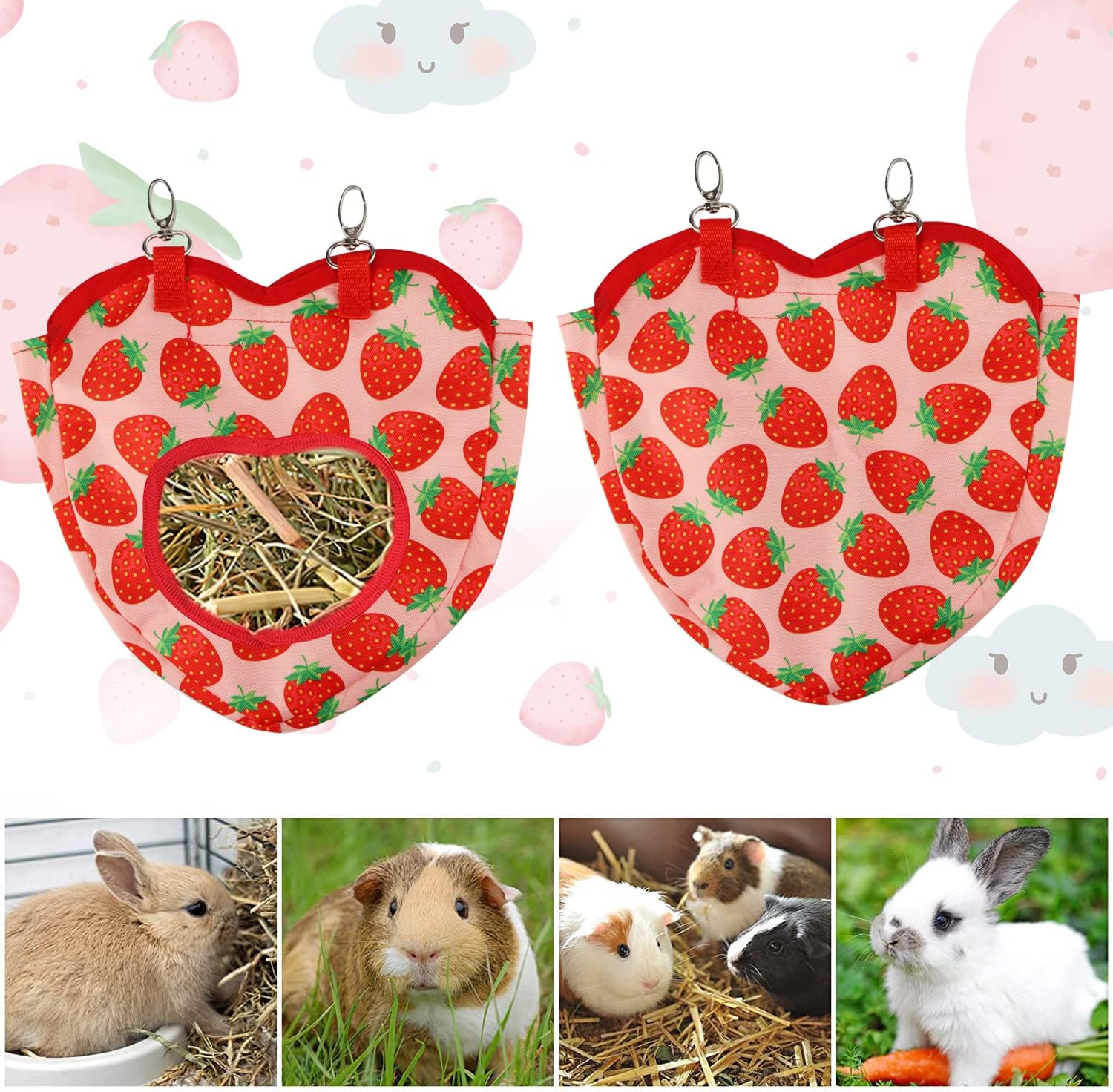 Heno de fresa para conejos, hámster/chinchillas, lindo comedero de heno con hebilla para fijar a la jaula (pequeña fresa Heusack)