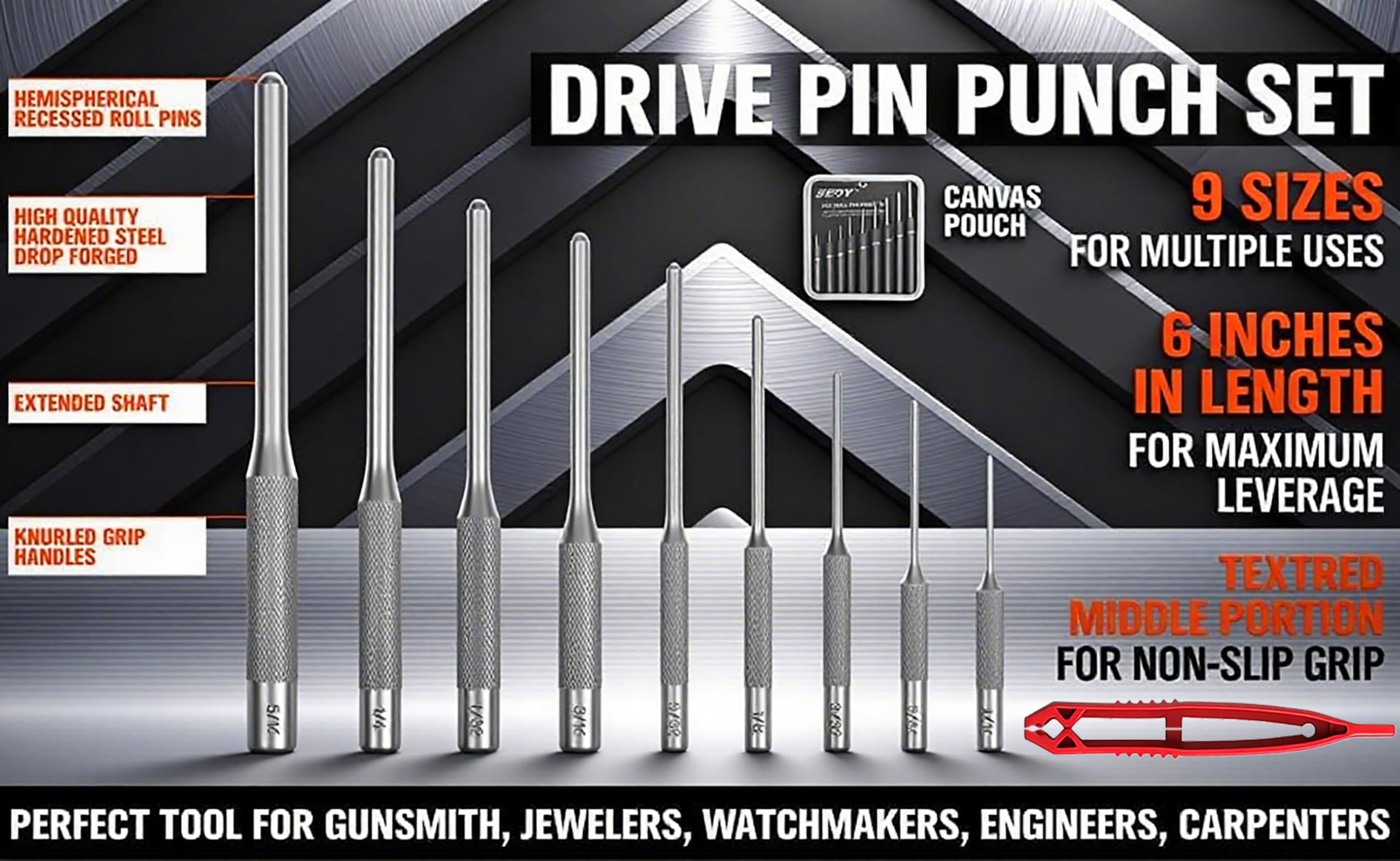 9-Piece Roll Pin Punch Set - Fast Pin Removal - Durable Steel Construction - For Automotive Firearm Maintenance — view 7
