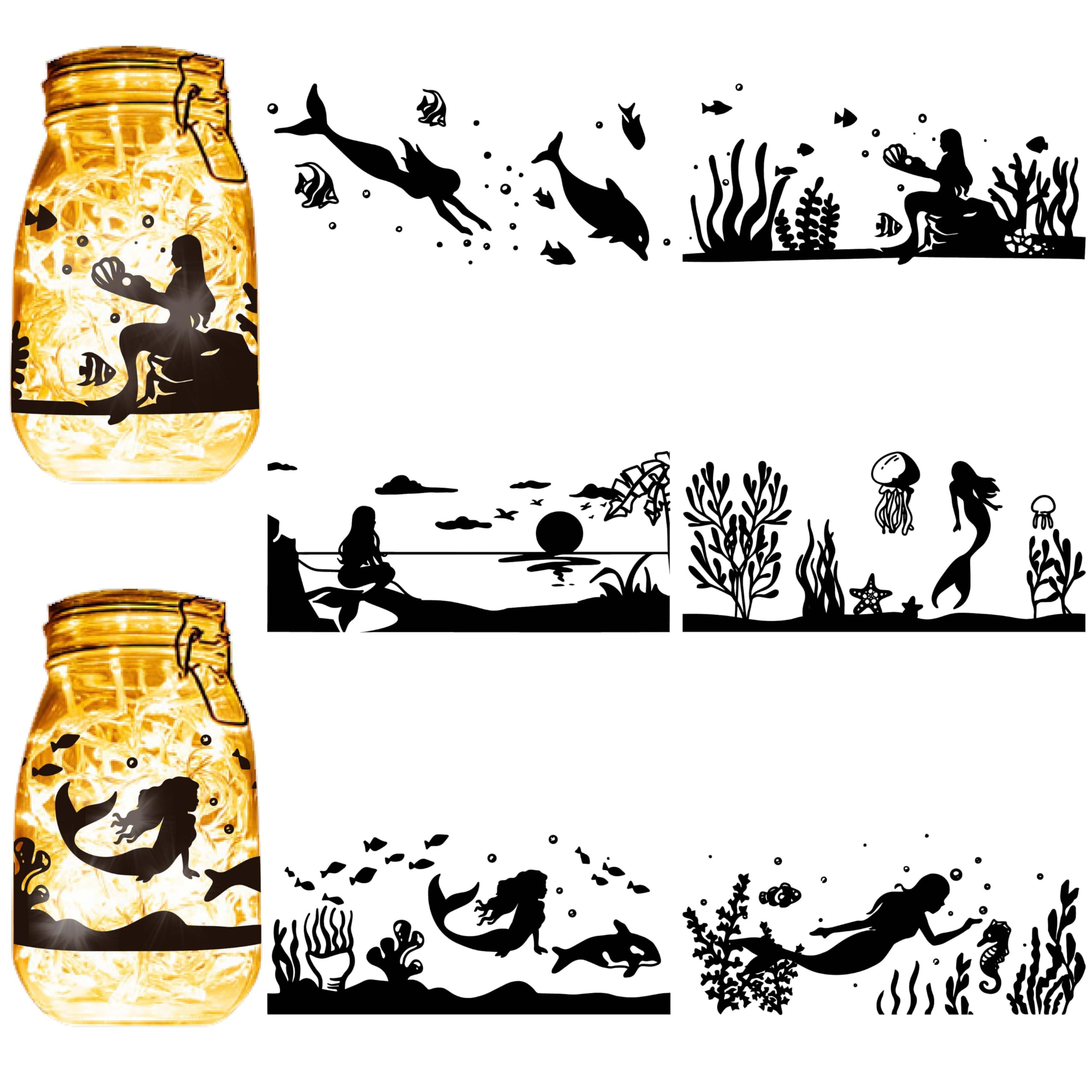 CREATCABIN 6Pcs Mermaid Silhouettes Mason Jar Decor Lantern Laser Cutouts Ocean Ornaments Scrapbook Embellishment Dolphin Shark for Glass Wall Window Cars DIY Crafts Christmas 7.9x3.5Inch(No Sticker)