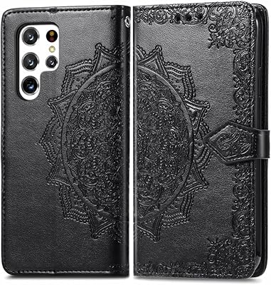 COTDINFOR Compatible with Samsung Galaxy S22 Ultra Case Leather Wallet Flip Magnetic Closure Case Shockproof Protective with Card Slots Stand Phone Case for Samsung Galaxy S22 Ultra. SD Mandala Black