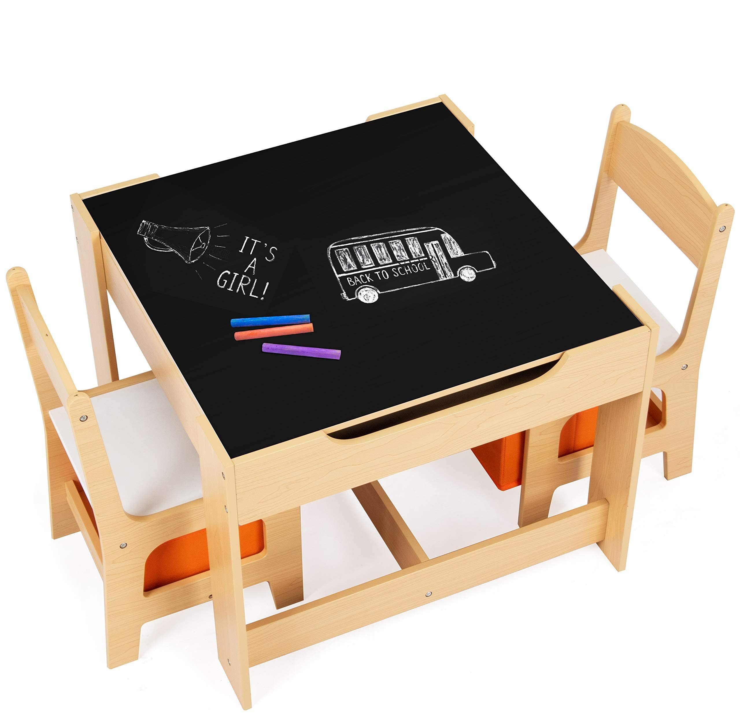 RELAX4LIFE Tavolino Bambini con Sedie, Tavolino Legno 3 in 1, Tavolo per Bambini con Piano Reversibile (Lavagna/Bianco) e 2 Sedie con Cassetti (62 x 62 x 48,5 cm, Naturale)