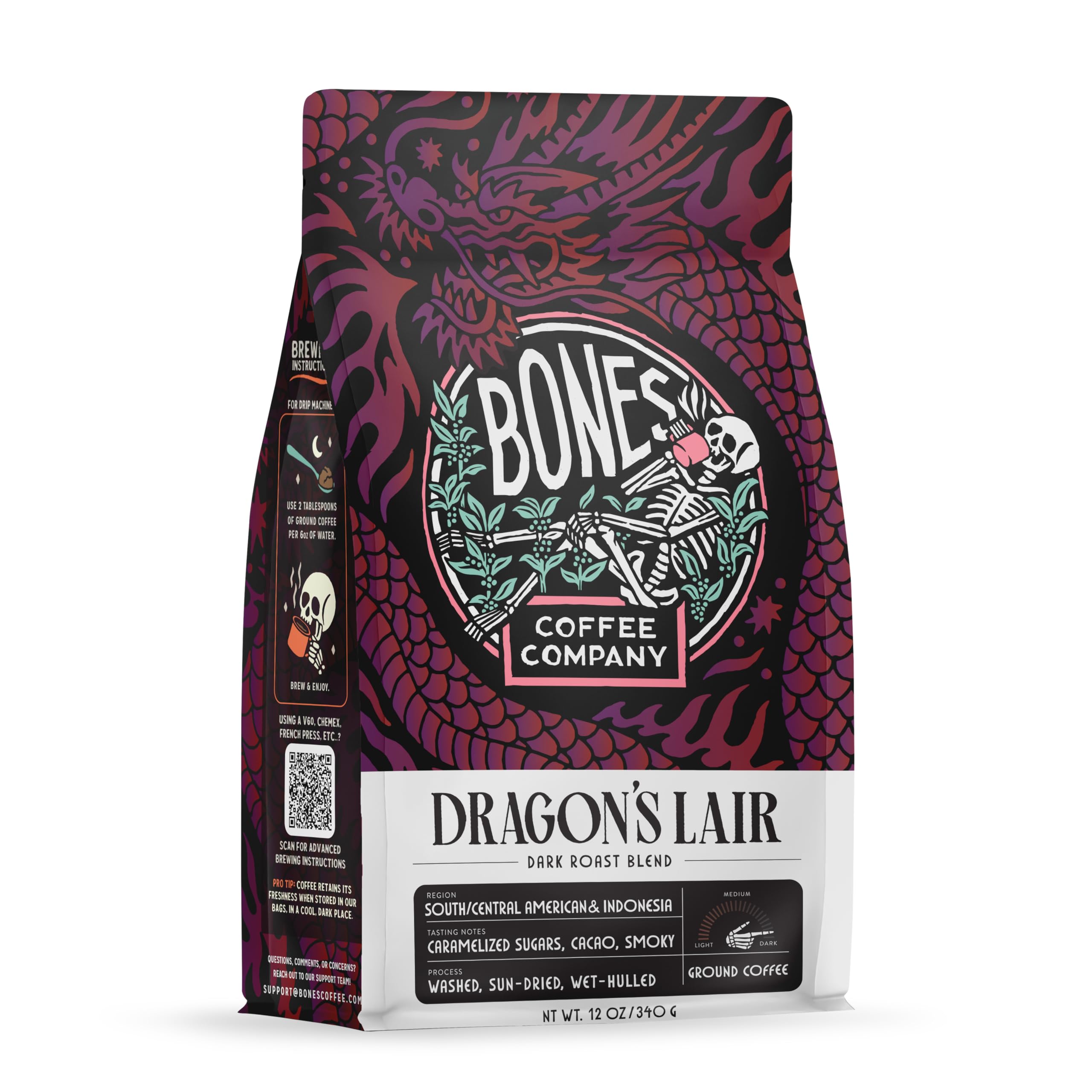 Bones Coffee Company Dragon's Lair, Smokey, Cacao and Caramelized Sugar Notes, Unflavored Coffee, Medium Roast Low Acid Arabica Beans Compatible with Auto drip and French Press Coffee Maker, 12 Oz Ground