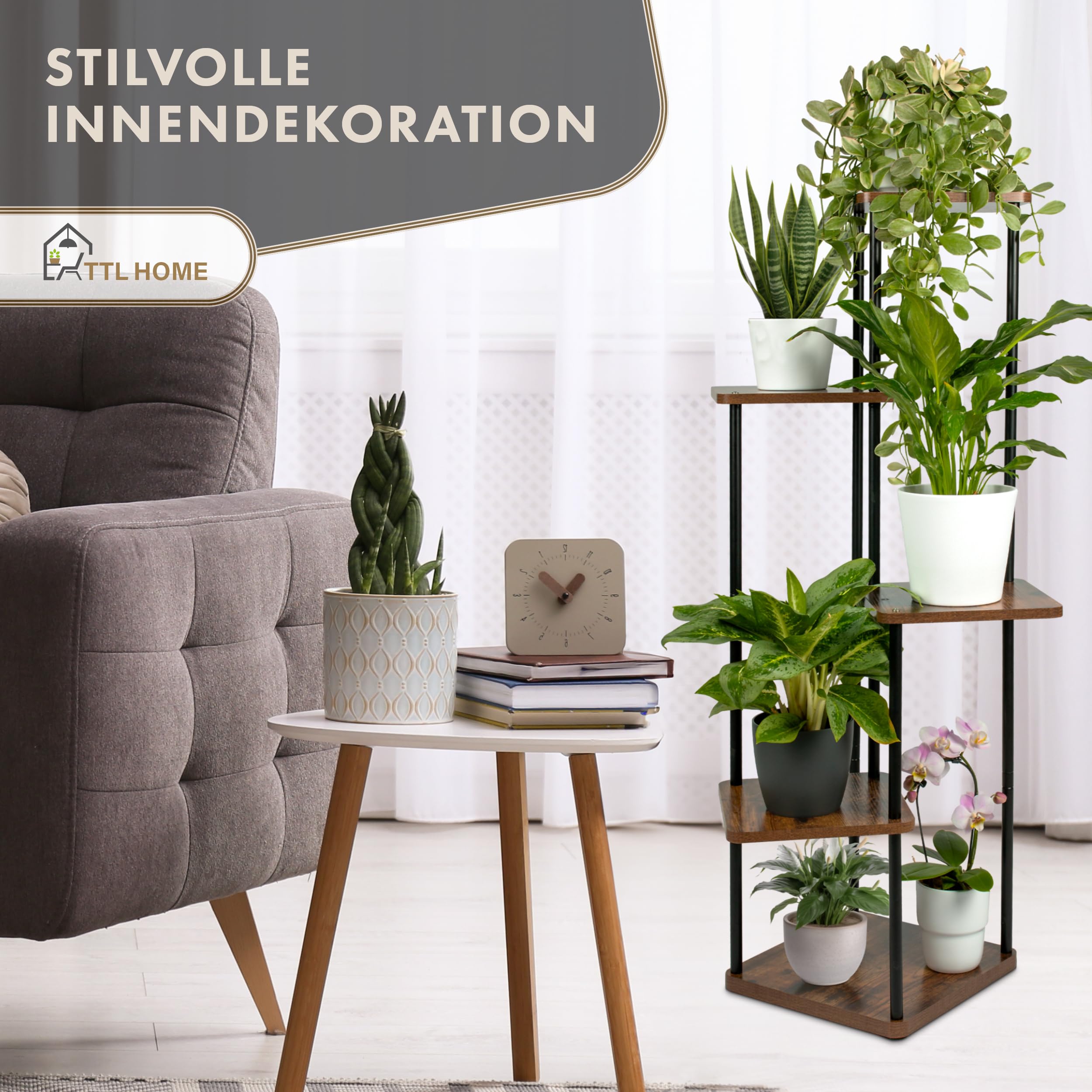 Blumenständer TOWER 2er Set - 5 Etagen 105 cm hoch Pflanzenständer | - Design Holz Eiche & Metall schwarz innen Deko für Wohnzimmer Blumen Ständer & Regal Pflanzenregal Blumenregal Blumentreppe
