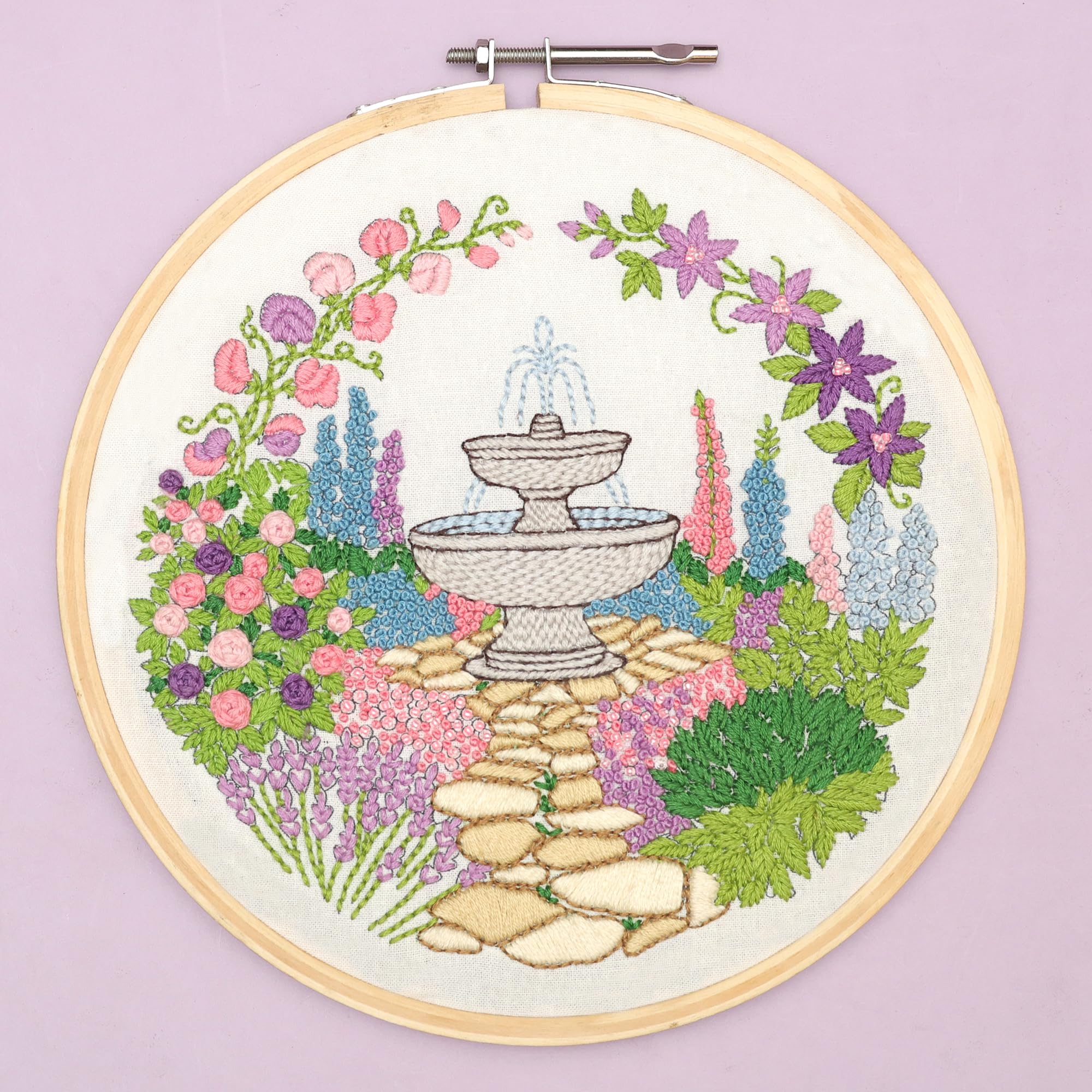 picknMAKE Garden Fountain DIY Hand Embroidery Kit for Beginners & Adults | 8 Inch Brass Hoop | Pre-Printed Floral Garden Design | 14 Threads + Beads, Stand, Booklet & All Tools | Craft Gift for Women, Girls & Teens | Home Décor Needlework Set-image-25
