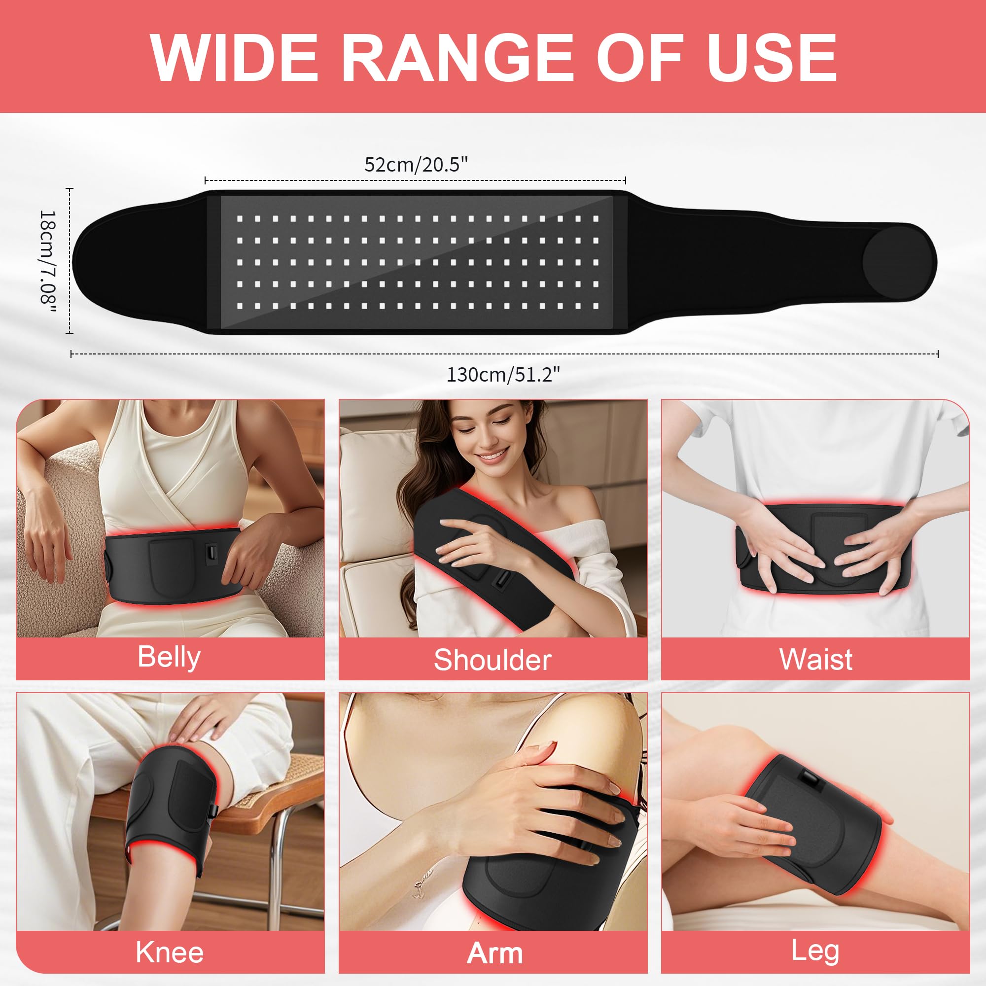 Terapia de luz roja para cuerpo: 5 niveles de luz, luz infrarroja, terapia de calor, cinturón para espalda, cintura, músculos, alivio del dolor, cuentas LED de 660 nm y 850 nm, dispositivo de terapia
