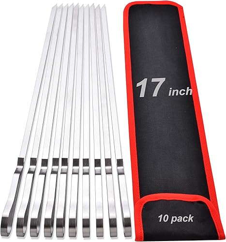 Brochetas de acero inoxidable de 17 pulgadas de largo para brochetas, pinchos planos para barbacoa con bolsa de almacenamiento, brochetas de metal