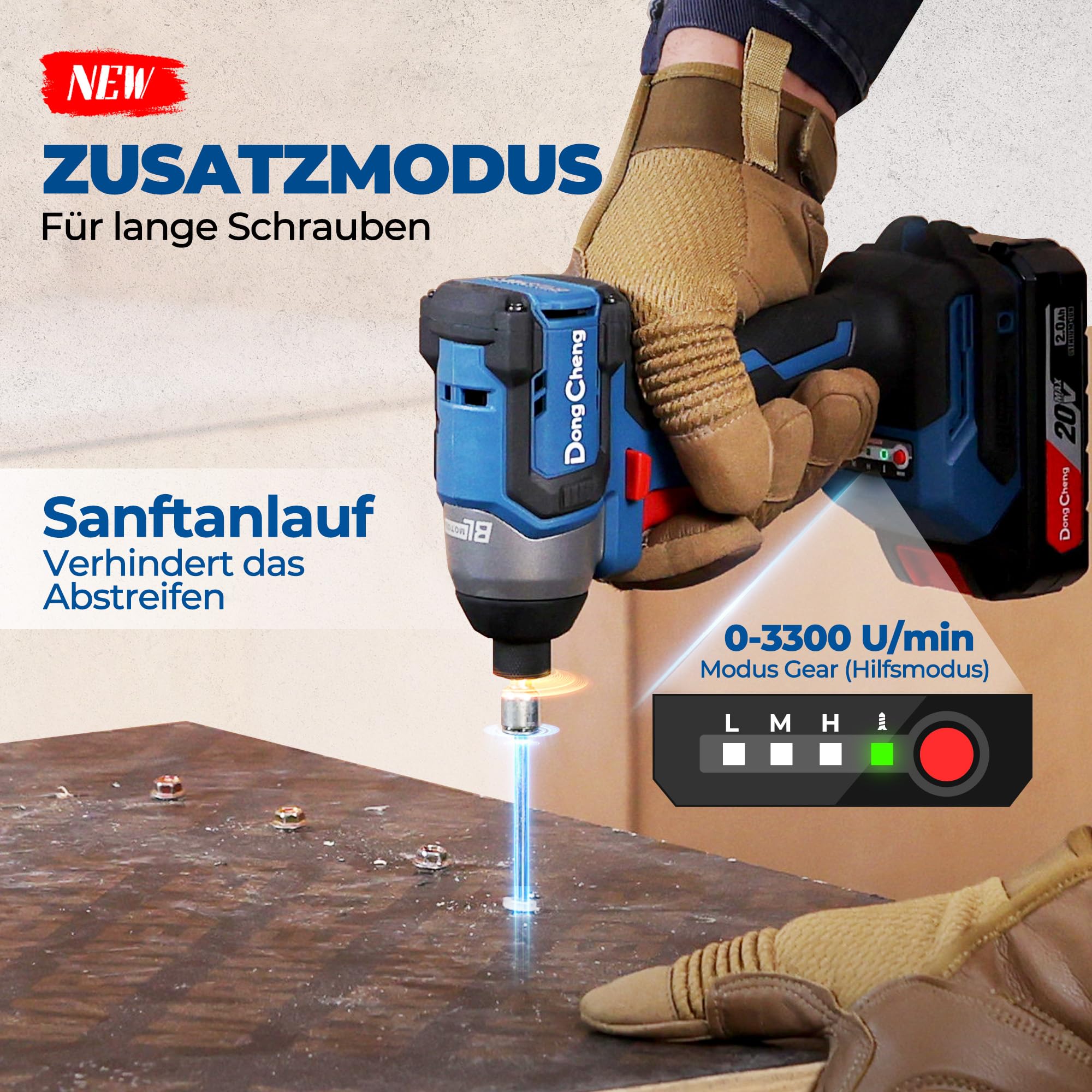 Dong Cheng Brushless Akku-Schlagschrauber 20V, 165Nm, Softstart & Selbstschneidmodus, 3-Gang, LED, inkl. 2.0 Ah Akku & Ladegerät, Bit-Set + Stecknuss-Set，ideal für Holz, Metall, Heimwerker
