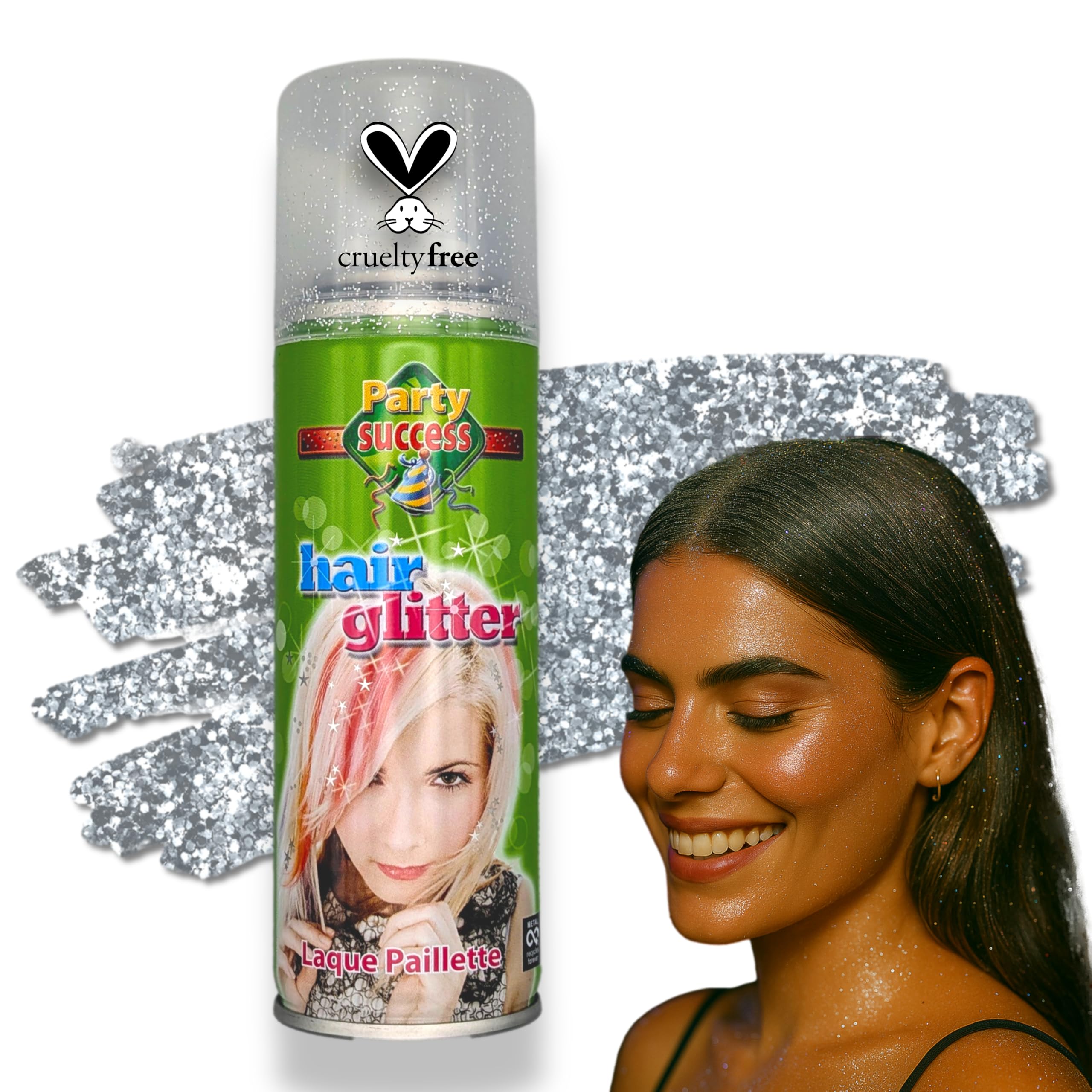 Party-Success Temporary Hair Silver Glitter Colour Spray, Wash-Out Formula - 125ml