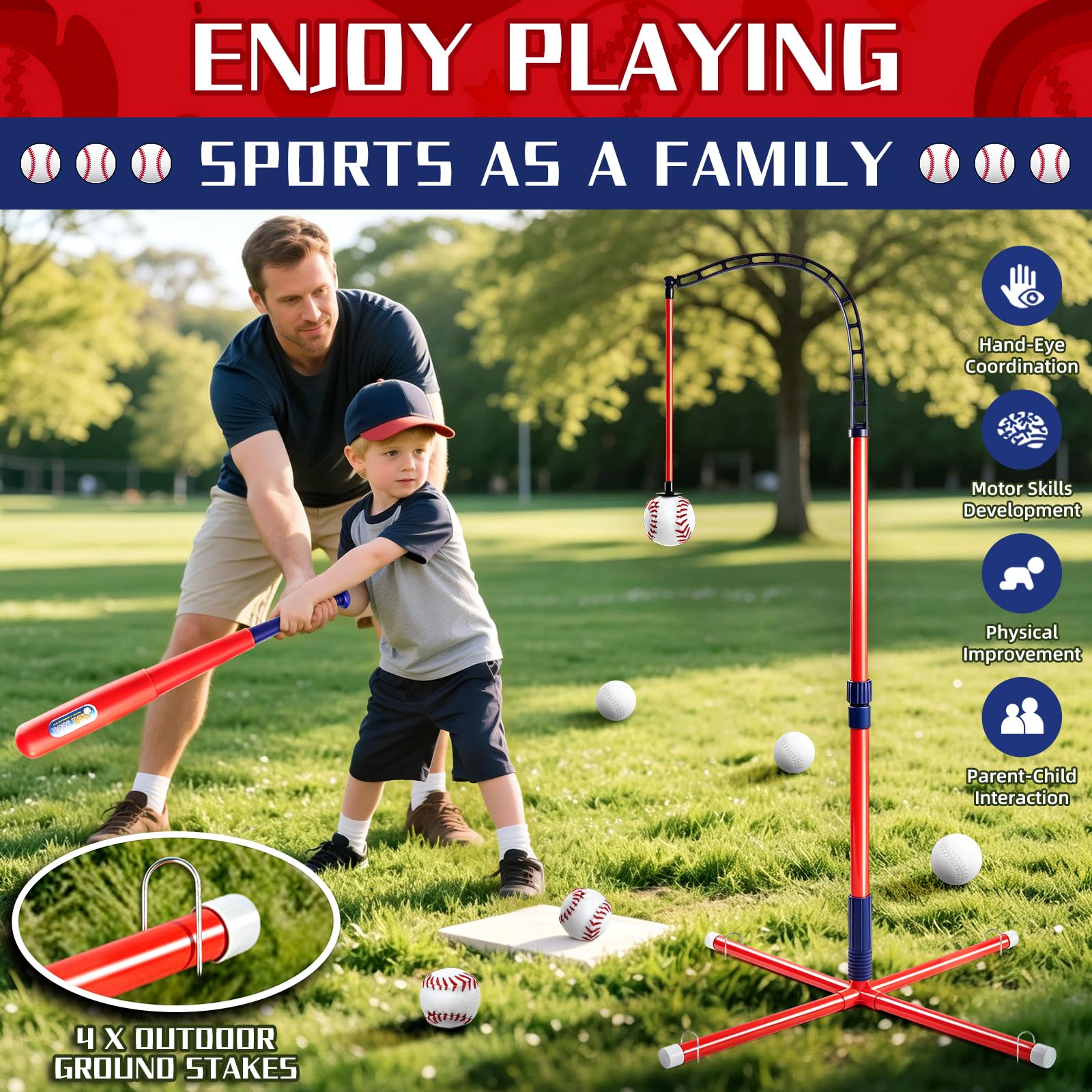 Juego de béisbol 3 en 1 para niños de 3 a 5, altura ajustable para colgar, juego de béisbol con raquetas, soporte para golpear pelotas en T, lanzador de pelotas, juguetes deportivos para