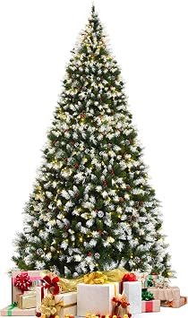 GOFLAME 9ft Snow Flocked Christmas Tree, Pre-lit Xmas Tree w/ 900 LED Lights, 8 Lighting Modes, Hinged Branches & Metal Stand, Holiday Festival Artificial Tree for Indoor Decoration