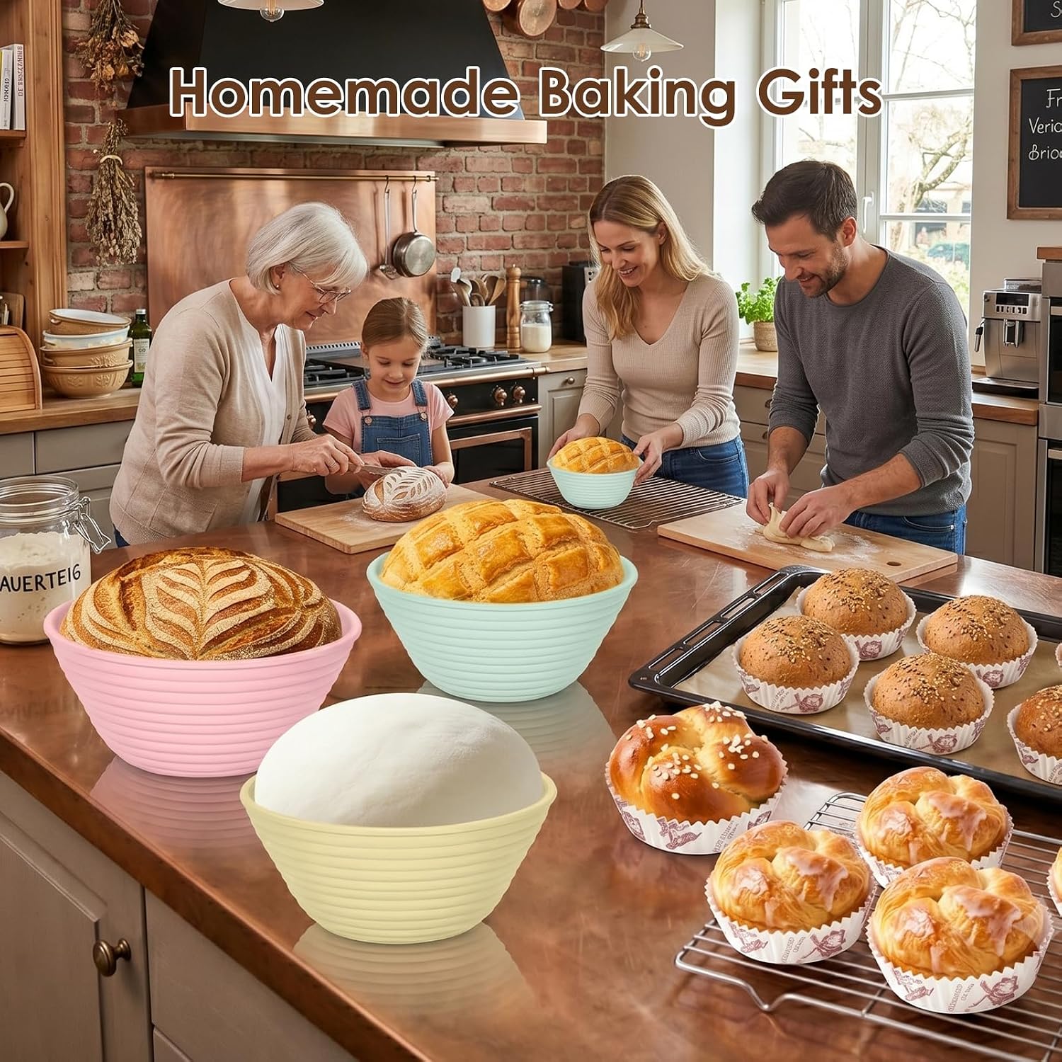 Banneton Bread Proofing Baskets: 3 Pack Silicone Sourdough Starter Kit - 5'' Round Collapsible Non-Stick Dough Bowls with 30 Baking Liners (Green/Yellow/Pink)