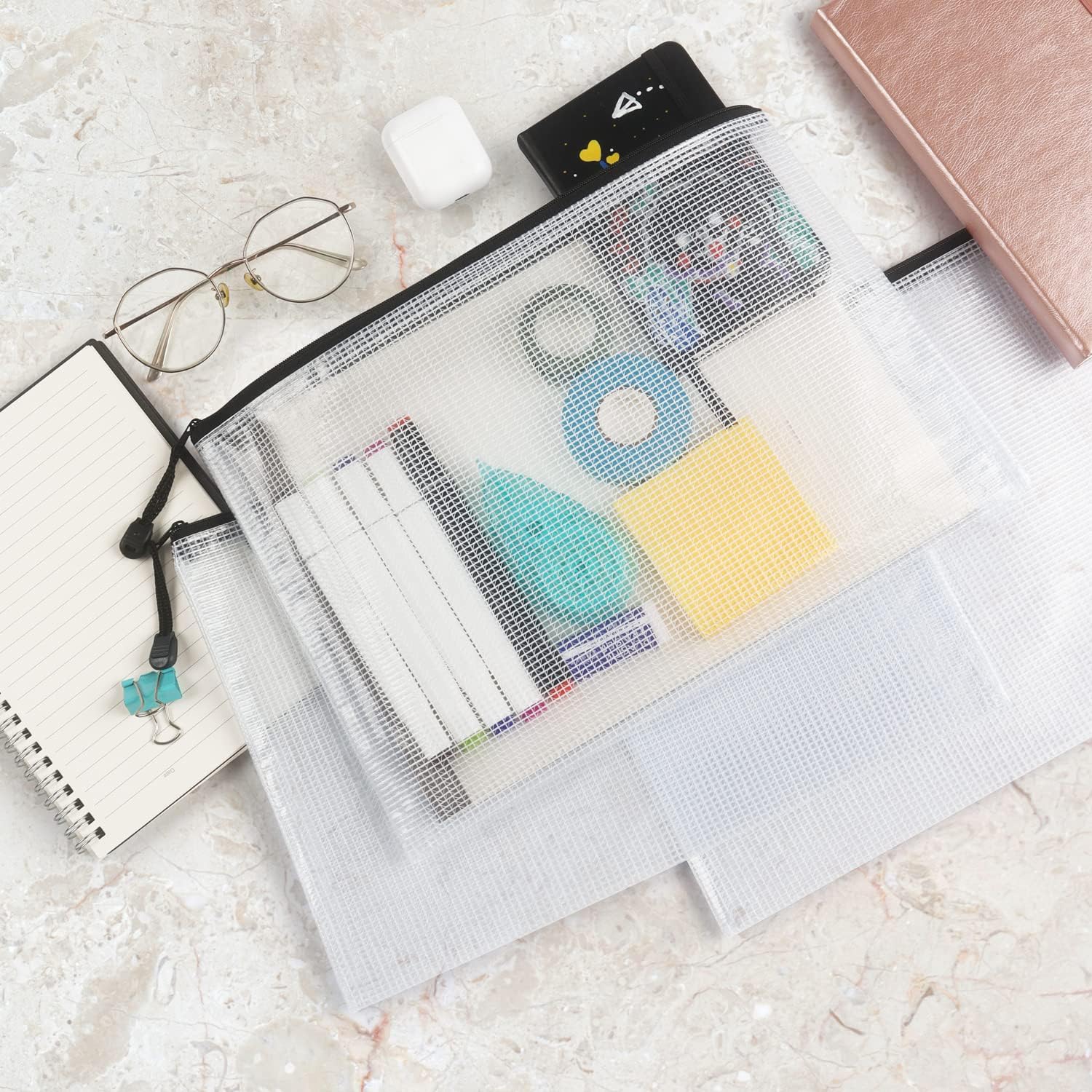 6 Pack Mesh Zipper Pouch Document Bag Waterproof Zip File Folders for School Office Supplies Travel Storage Bags (White) - Image 7