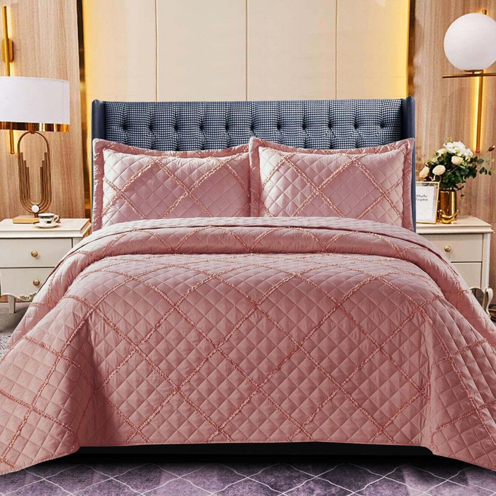 Stylish Home London Raffle Quilted Bedspreads single Size, Soft Microfiber Lightweight Quilted Bedspreads Coverlet All Season Bedding Set (Pink, Single)