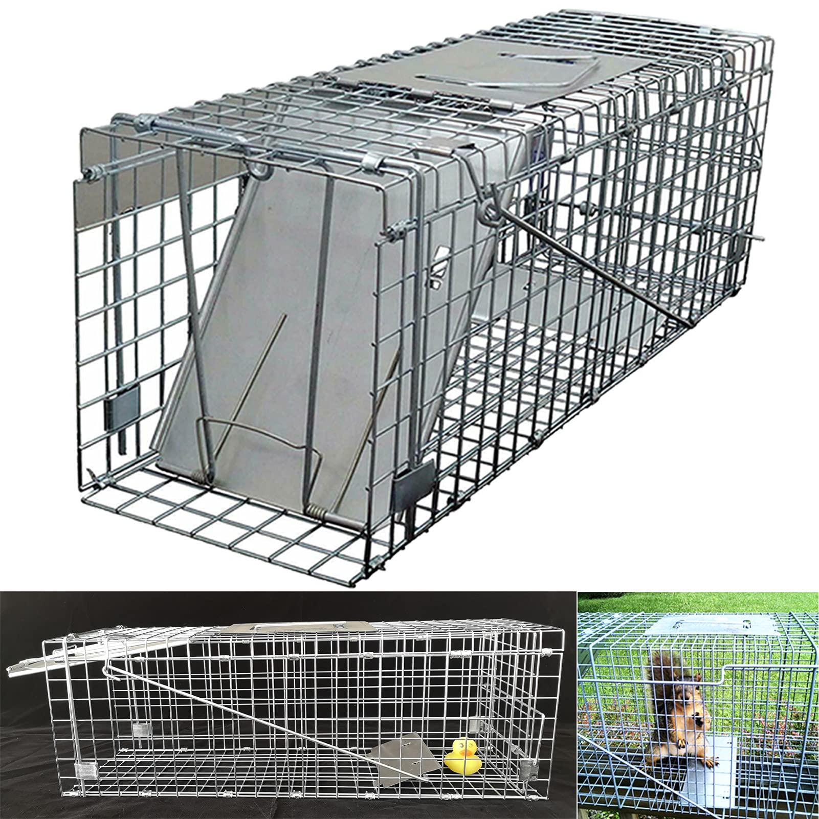 Squirrel/Rat Trap, Heavy Duty Metal Cage for Small Wildlife, Humane Live Catch Vermin Large Pest Animal Bait Cage Catcher, Use Outdoors and Indoors, Long Lasting Reliable Reusable, 61 x 19 x 21cm