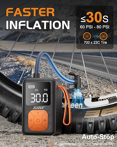 Miniatura 3 de Mini bomba de bicicleta, bomba de bicicleta portátil de 150 PSI con manómetro, 3 veces más rápido, parada automática y motor sin escobillas, bomba