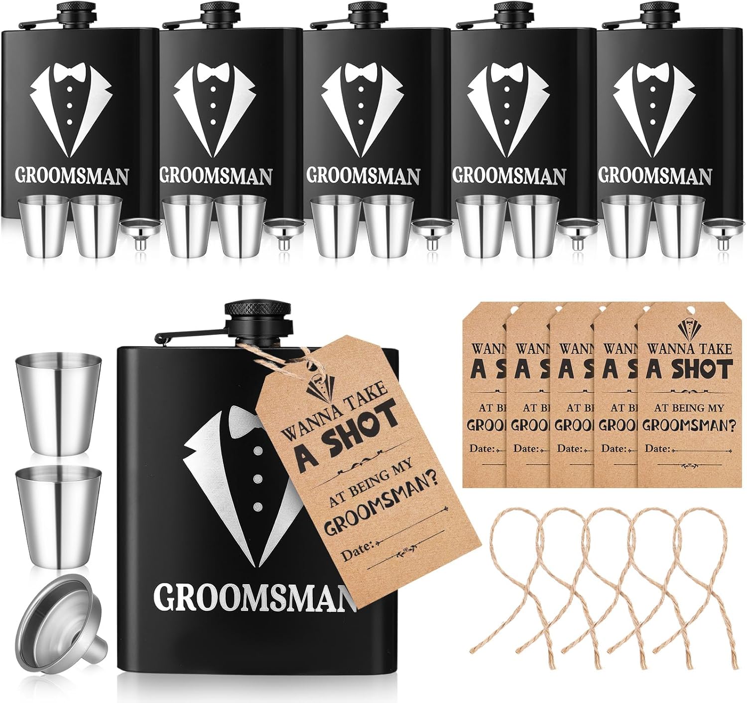 25 PCS Wanna Take A Shot At Being My Groomsman Proposal Gifts 7 oz Wedding Groomsmen Flasks Stainless Steel Funnel Wine Glass Cards Groomsman Party Favors for Wedding Party