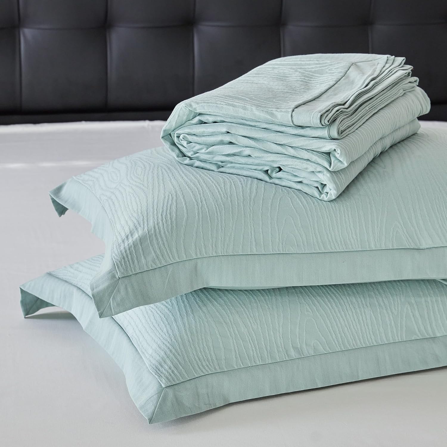 YuHeGuoJi Aqua Blue Textured Duvet Cover Queen 100% Cotton 3 Pcs Set 1 Geometric Jacquard Striped Duvet Cover with Zipper Ties 2 Pillow Shams Washed Cotton Light Blue Wide Trim Bedding Set Soft