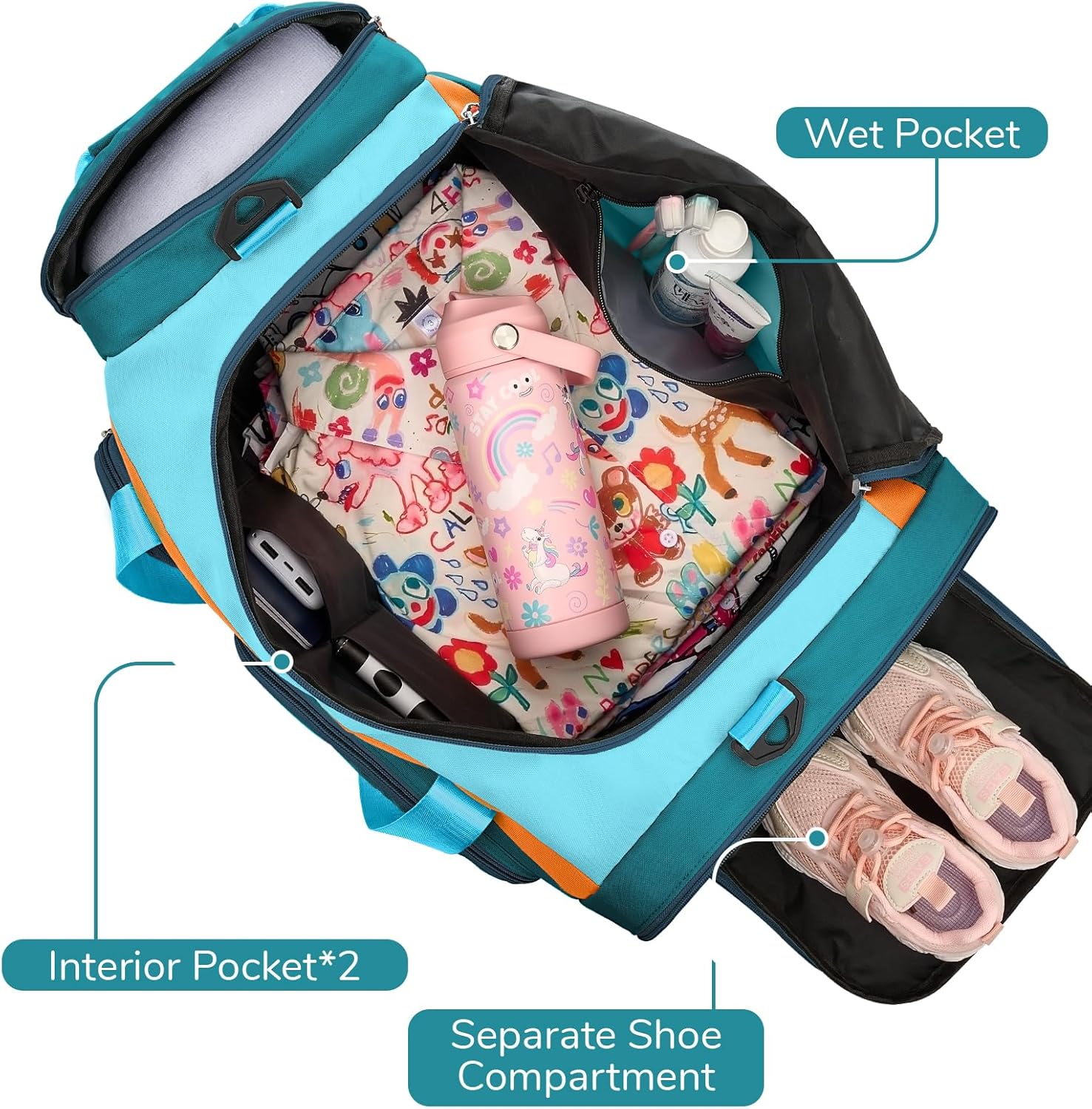 WOOMADA Kids Duffle Bag for Boys or Girls,Weekender Overnight Bag with Shoe Compartment & Wet Pocket Perfect For School, Sports, Overnight Trips(Teal Blue) - Image 4