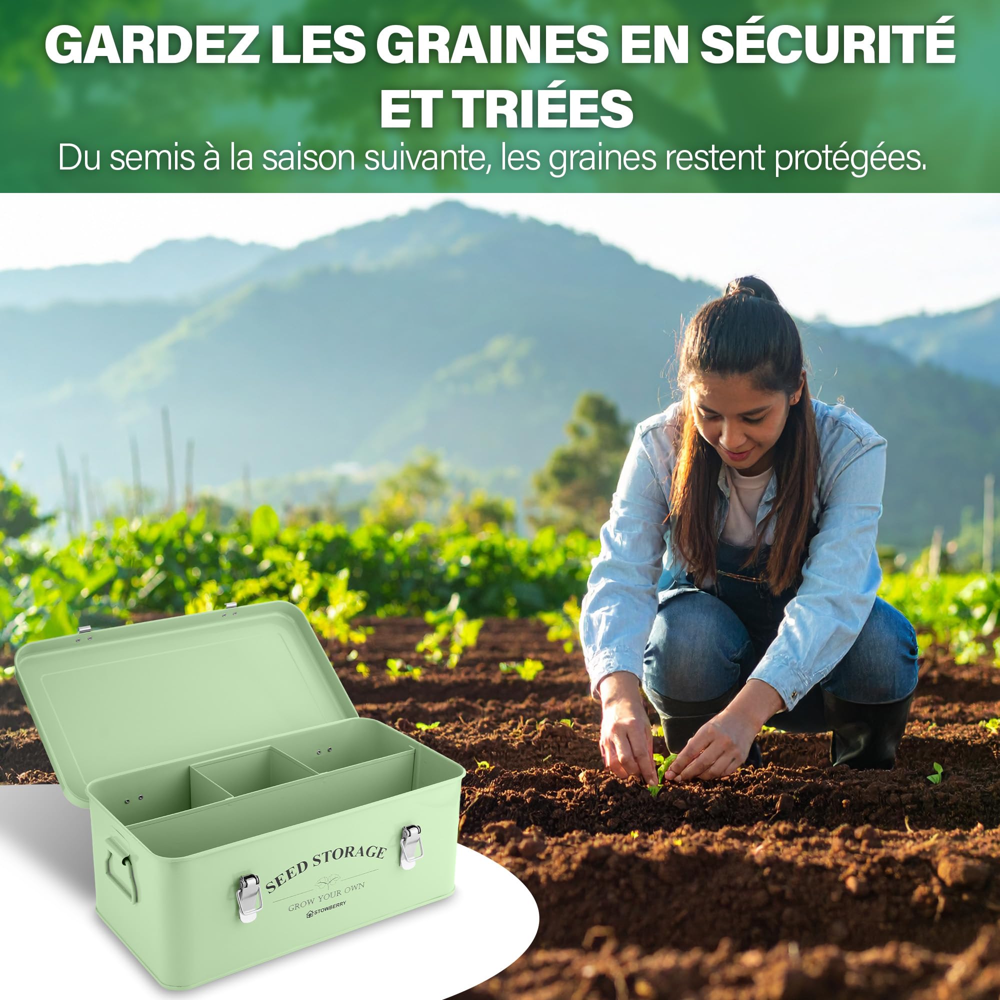 Boîte de Rangement pour Graines – Boîte à Graines Verte avec Couvercle, Poignées Latérales, 4 Compartiments et Fermeture de Sécurité – Boîte à Graines pour Jardiniers – Idée Cadeau Jardinage