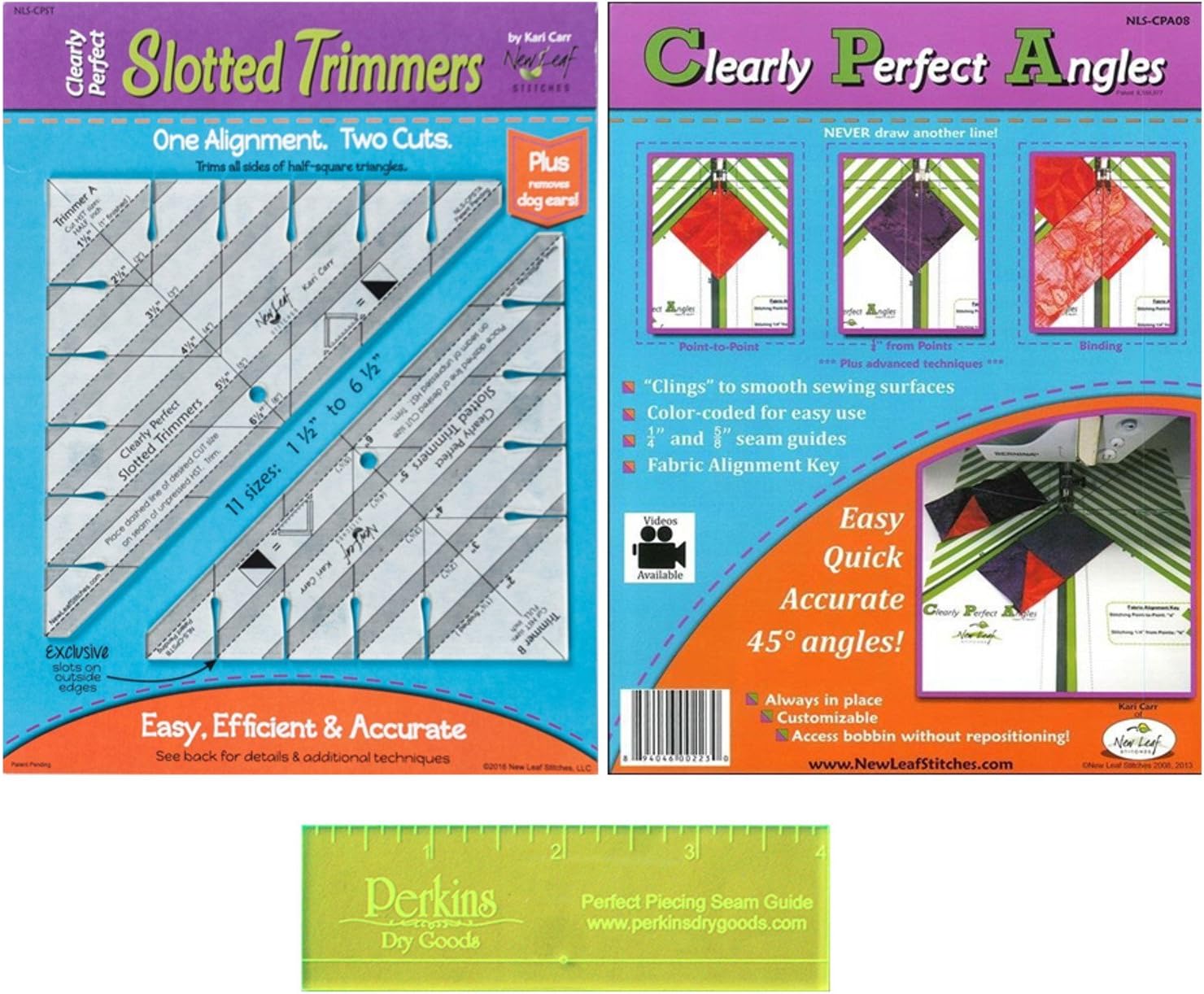 Quilting Supplies Kit for Accurate Seams - 3 Items: New Leaf Clearly Perfect Angles and Clearly Slotted Trimmers with Perkins Perfect Piecing Seam Guide