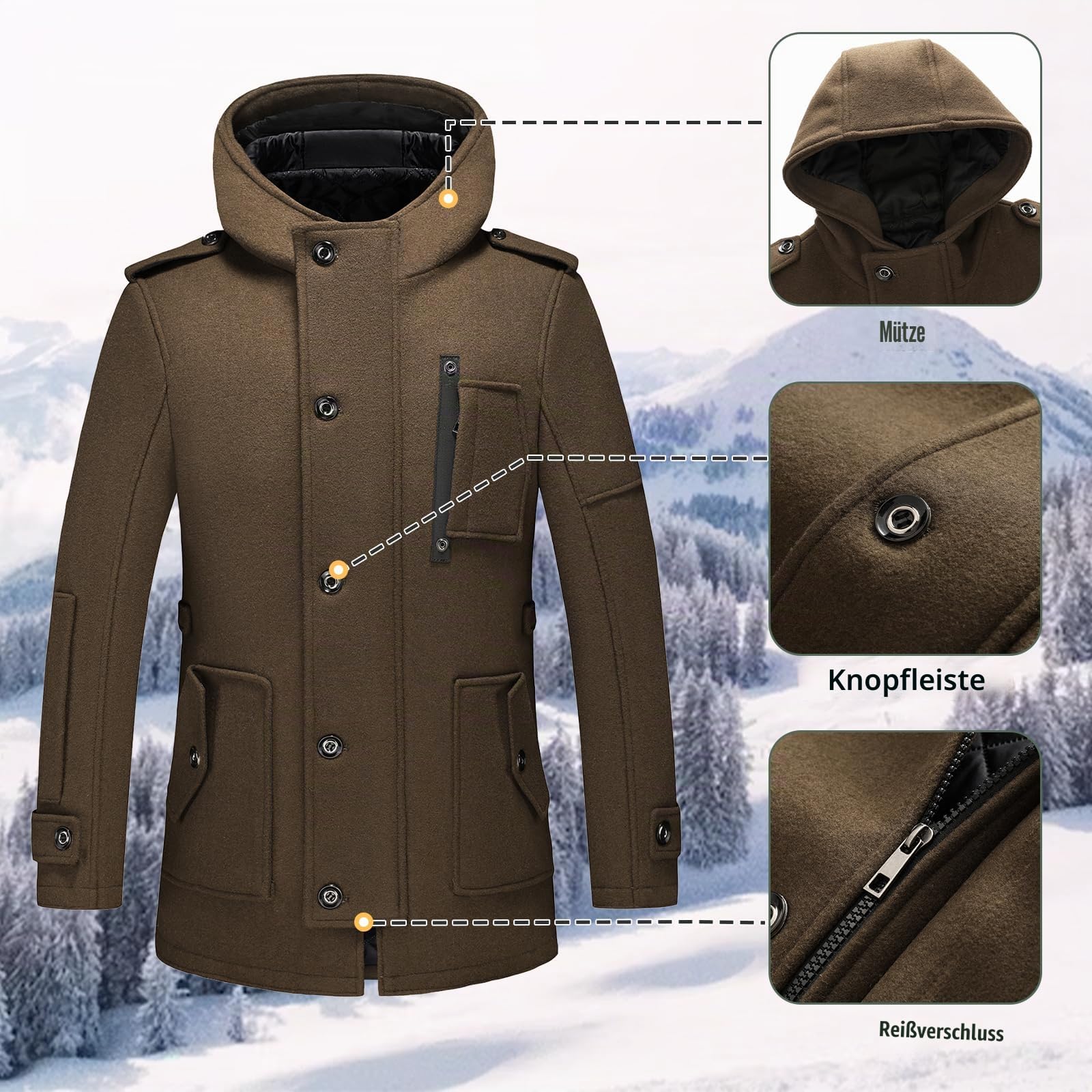 KUDORO Herren Wintermantel Wolle Kurzmantel mit Kapuze Wollmantel Mittellang Slim Fit für Business Freizeit Peacoat Casual