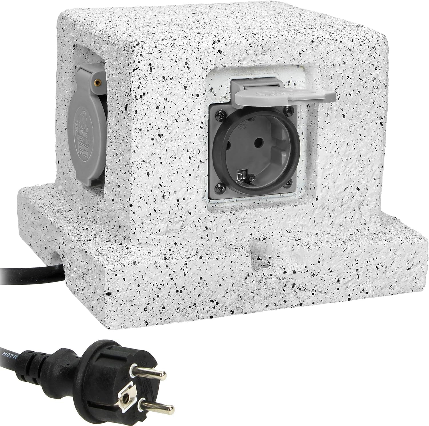 Enchufe Exterior Enchufe Estanco con Aspecto de Piedra Toma Corriente 4 x 2 Polos +Tierra (Schuko) Cable de Goma H07RN-F 3x1, 5mm²