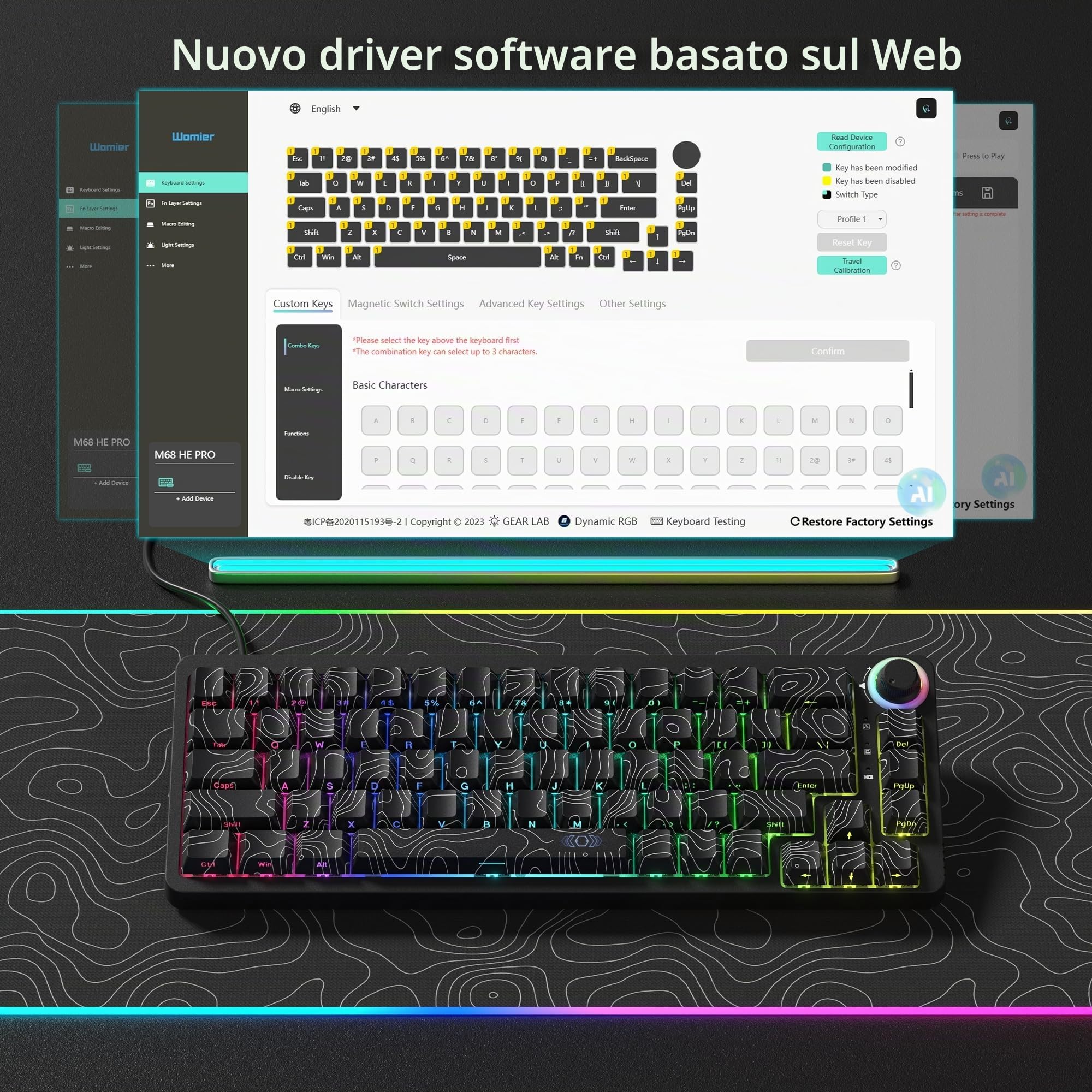 Womier Tastiera M68 HE V2 60% con trigger rapido, tastiera topografica da gioco effetto Hall, tastiera meccanica RGB personalizzata cablata con interruttore magnetico, copritasti in PBT per Mac/Win