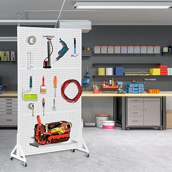 Eastern Tree Metal Pegboard Display Stand 3.5 x 6 Feet with 30 Hooks, Standing Pegboard Display with Wheels, Peg board Display Rack, Large Pegboard Panels - White