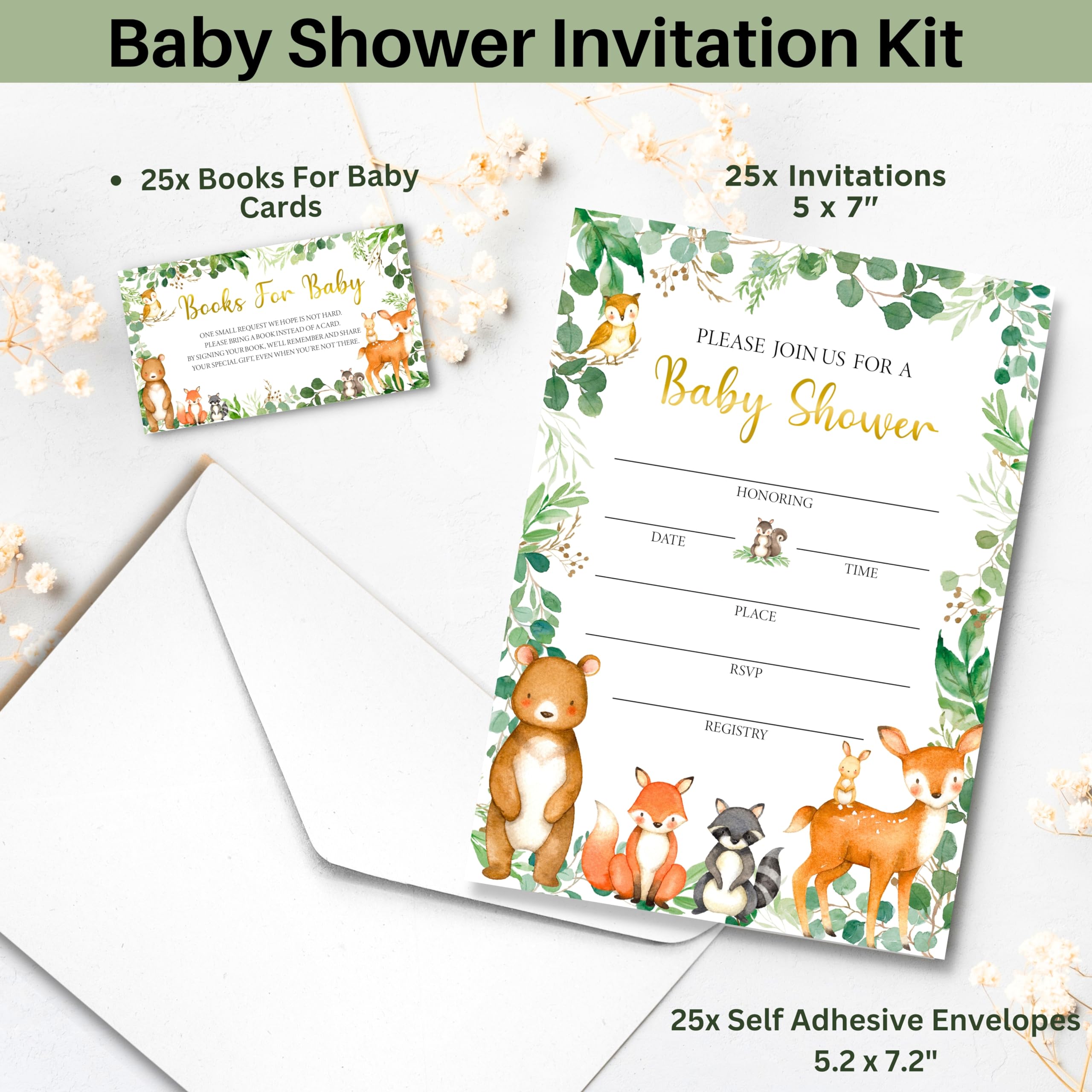 153 invitaciones para baby shower del bosque para niño y niña con sobres, tarjetas de agradecimiento para bebé, tarjetas de solicitud de libro, caja de rifa de pañales con boleto y letrero, juego de