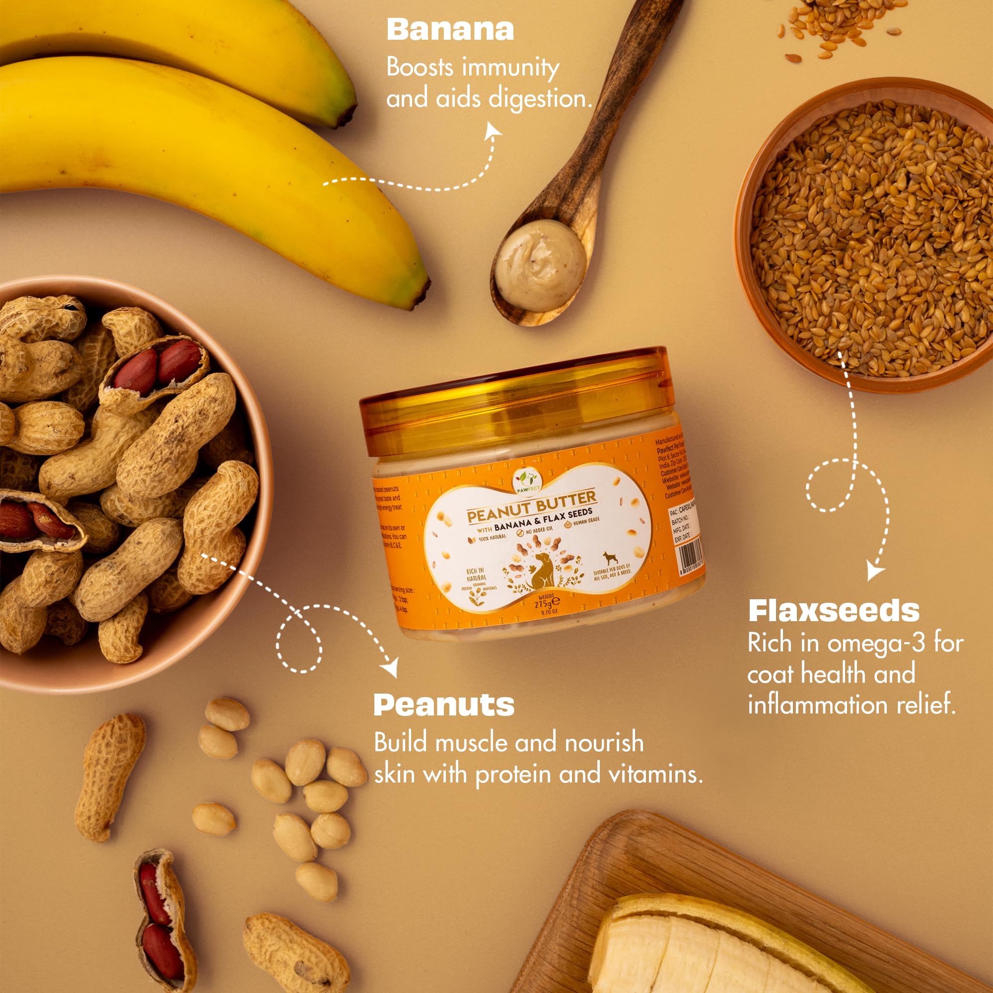 Pawfect Peanut Butter with Banana & Flaxseeds for Dogs & Puppies | 100% ...