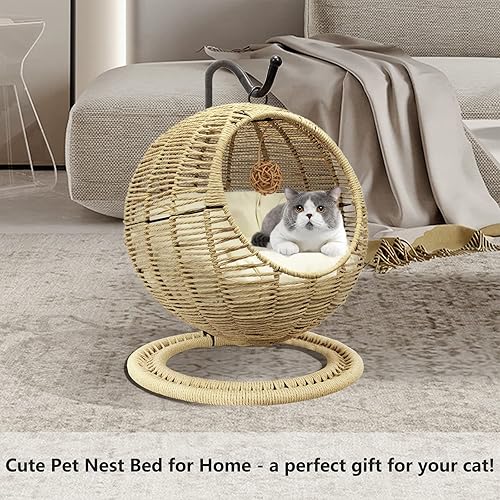 Miniatura 7 de Vida Vistoso Cama para gatos tejida a mano, cesta colgante para mascotas para interiores y exteriores, hecha a mano, mimbre de ratán, hamaca para