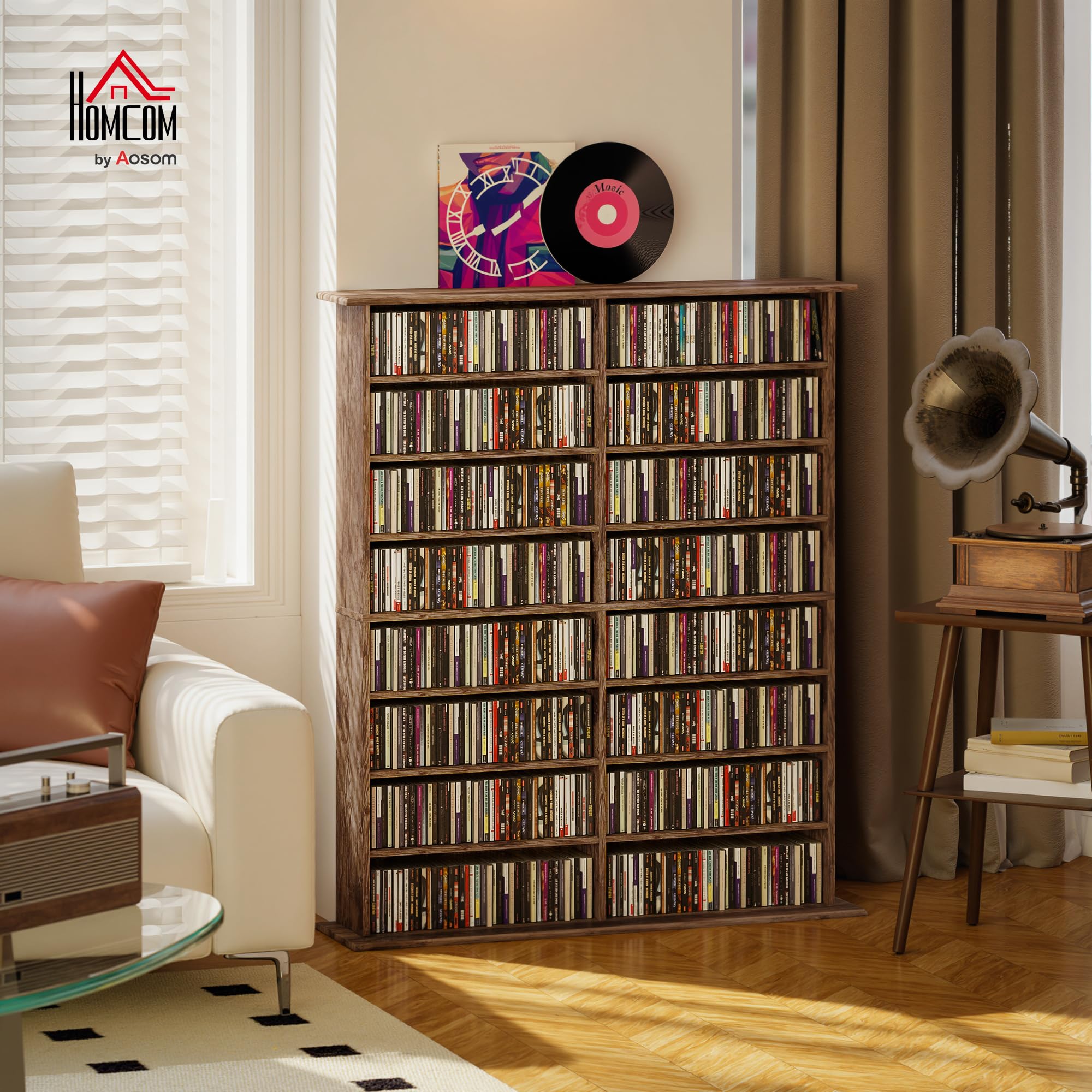 HOMCOM CD- und DVD-Aufbewahrung, Multimedia-Aufbewahrung, max. 720 CD/396 DVDs und Blu-Rays, 16 Fächer und 12 verstellbare Einlegeböden, für Wohnzimmer, Schlafzimmer, 106,5 x 24 x 126,3 cm, Braun