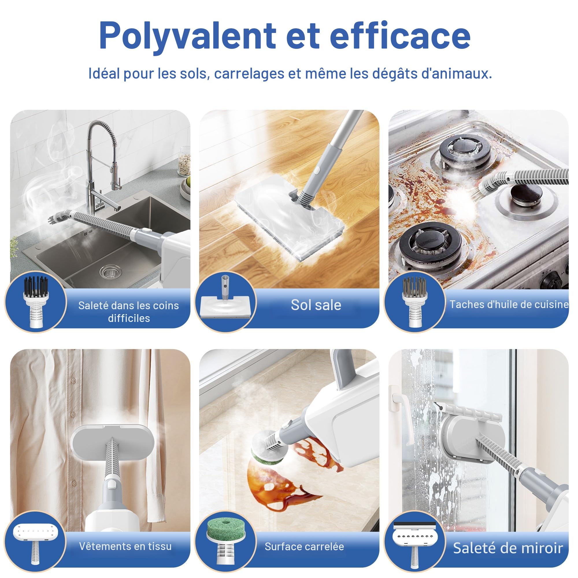 Balai Vapeur Multifonction Ariceck FV07 | 6 en 1 | Chauffage rapide en 15 secondes | Élimination de 99,9% des bactéries et acariens | Compatible avec les sols en bois dur et les carreaux