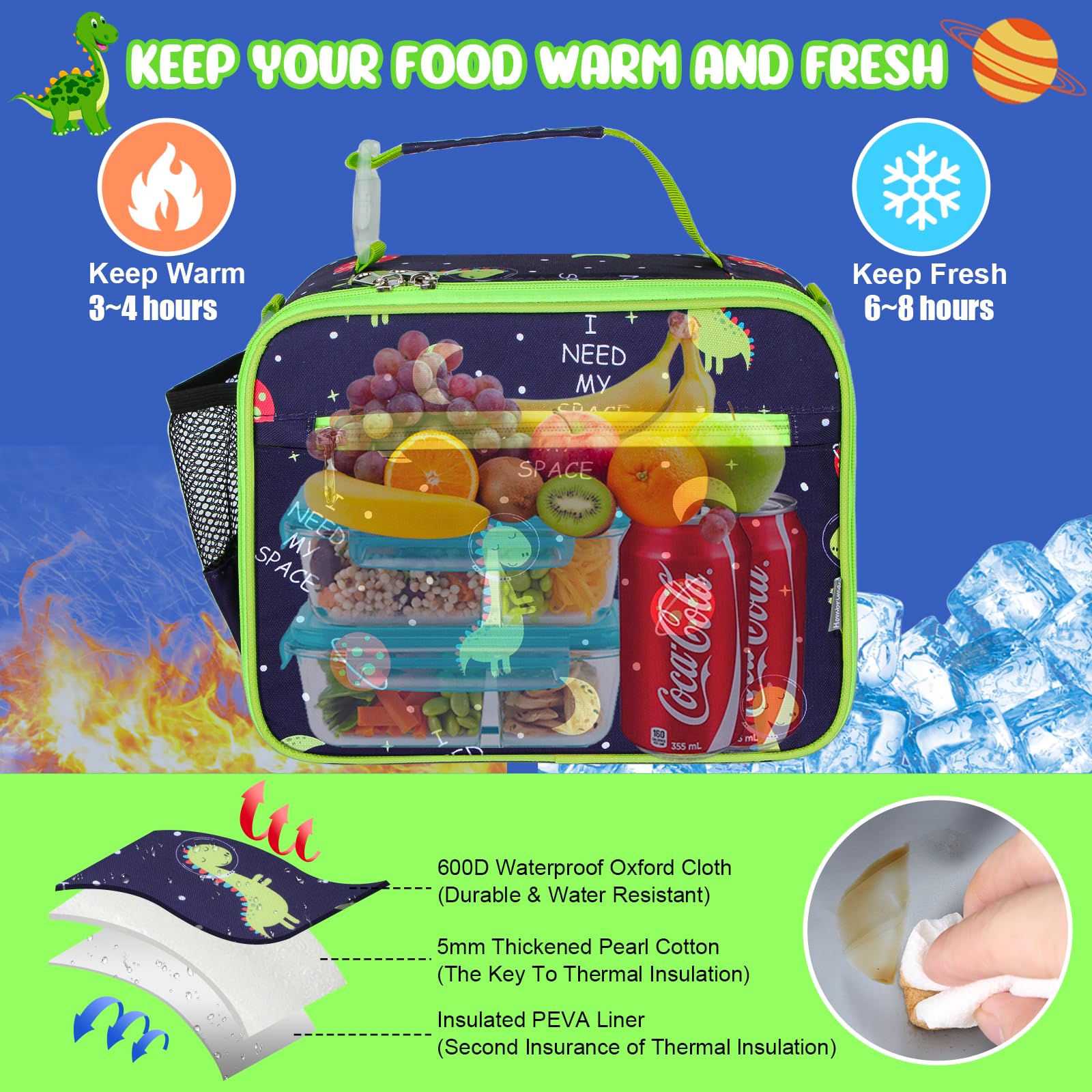 Homtibrm Insulated Lunch Bag, Kids Lunch Cool Bag with Adjustable Strap - Image 3
