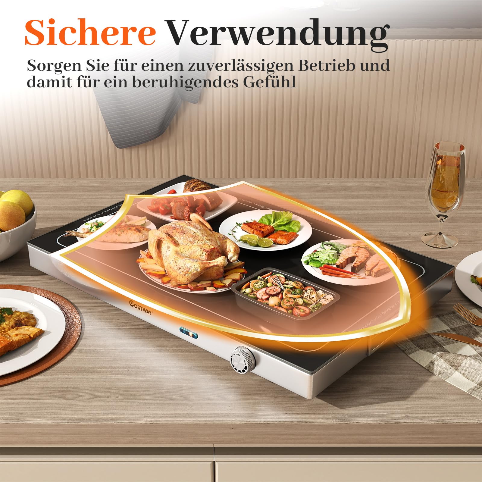 COSTWAY Warmhalteplatte elektrisch, Speisewärmer mit Gehärteter Glasoberfläche und Thermostat bis 120℃, Warmhaltegerät Buffetwärmer Edelstahl für Buffets, Partys 56,5 x 37 cm