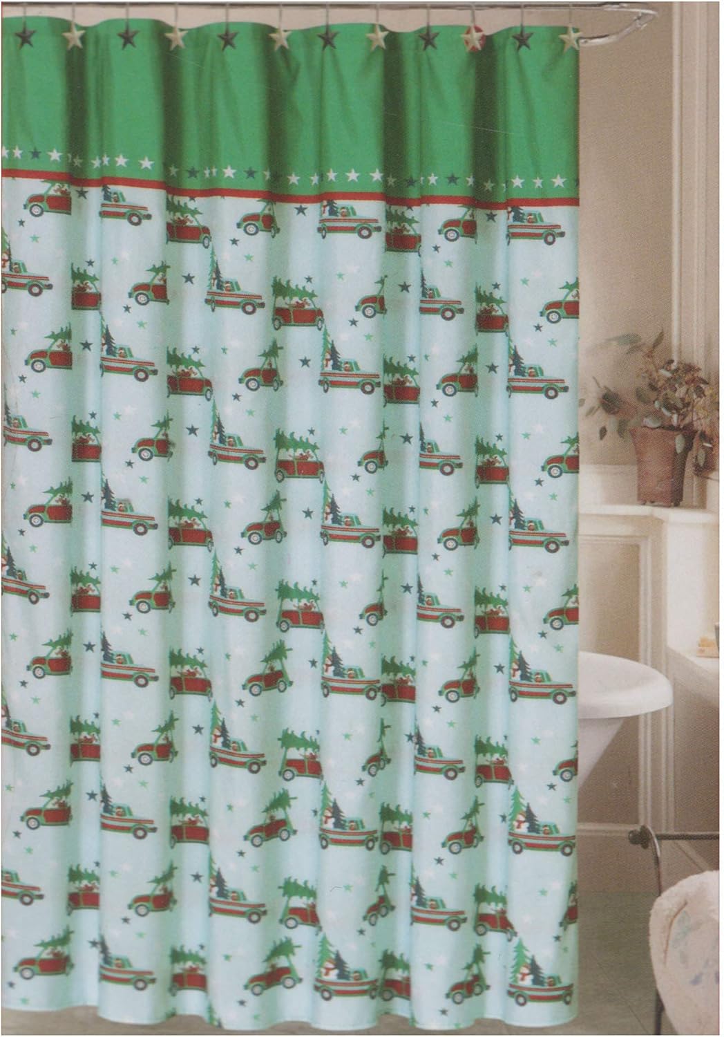 Christmas Bathroom Shower Curtain, Tree Shopping Red Truck Design with Matching Star Hooks Set