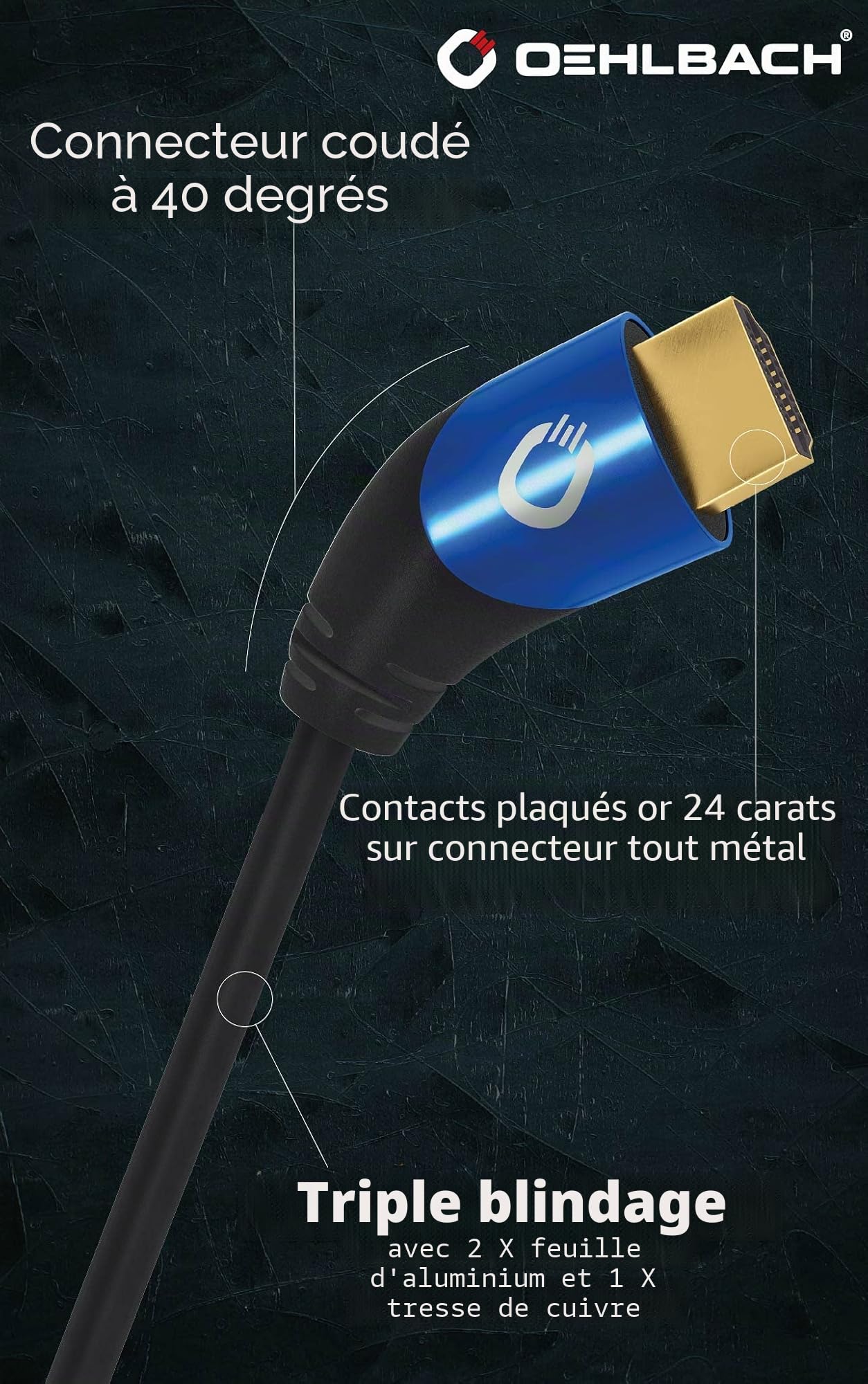 Oehlbach Shape Magic 40-8K Câble HDMI 2.1 ultra haute vitesse – Certifié 48 Gbps (fiche coudée à 40 °, triple blindage OFC en cuivre monté), noir, 3 m