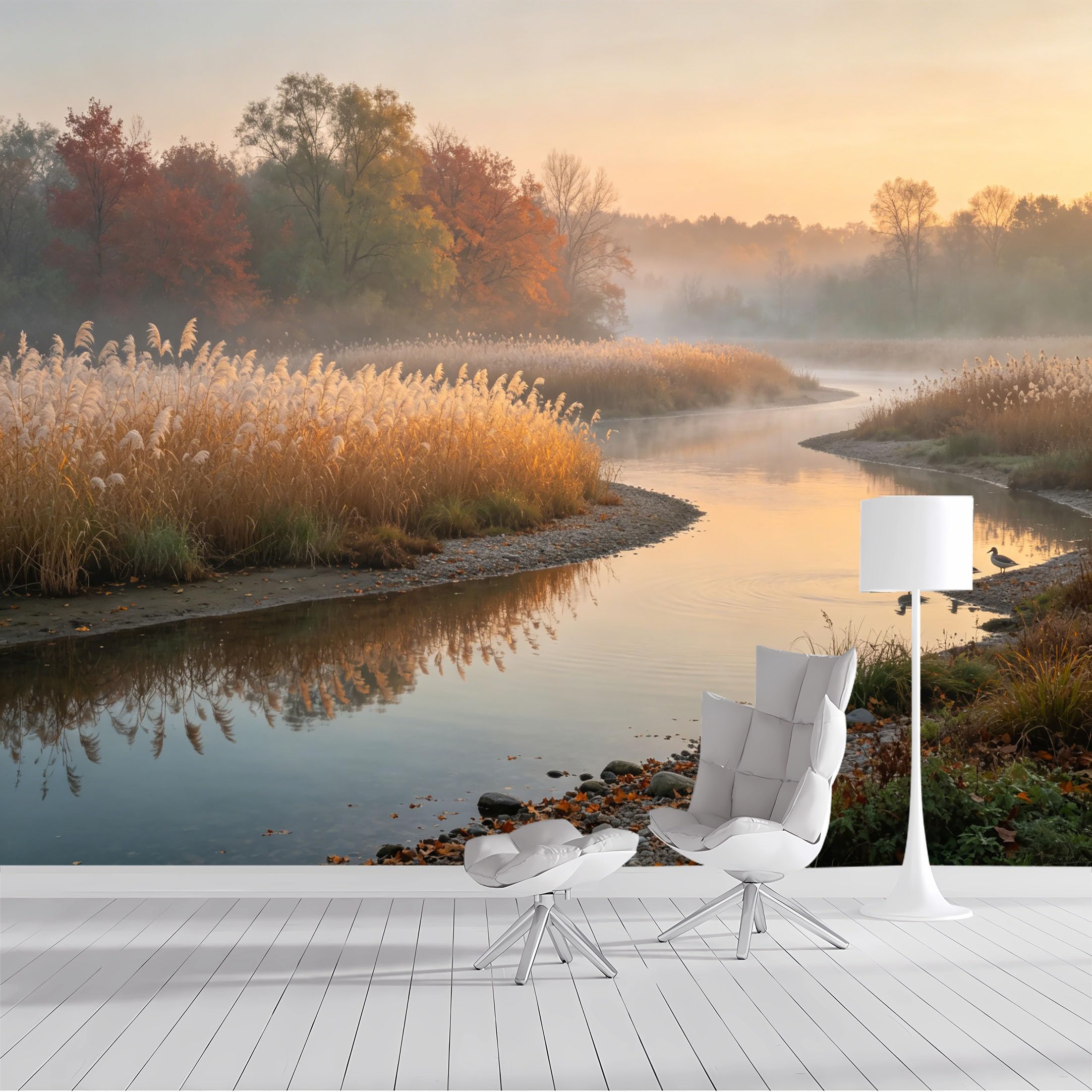Custom Size Wall Mural Golden Reeds Misty River Landscape Autumn Morning Watercolor SelfAdhesive Wall Fabric Removable Peel and Stick Wallpaper Wall Decor for Living Room Bedroom Bathroom