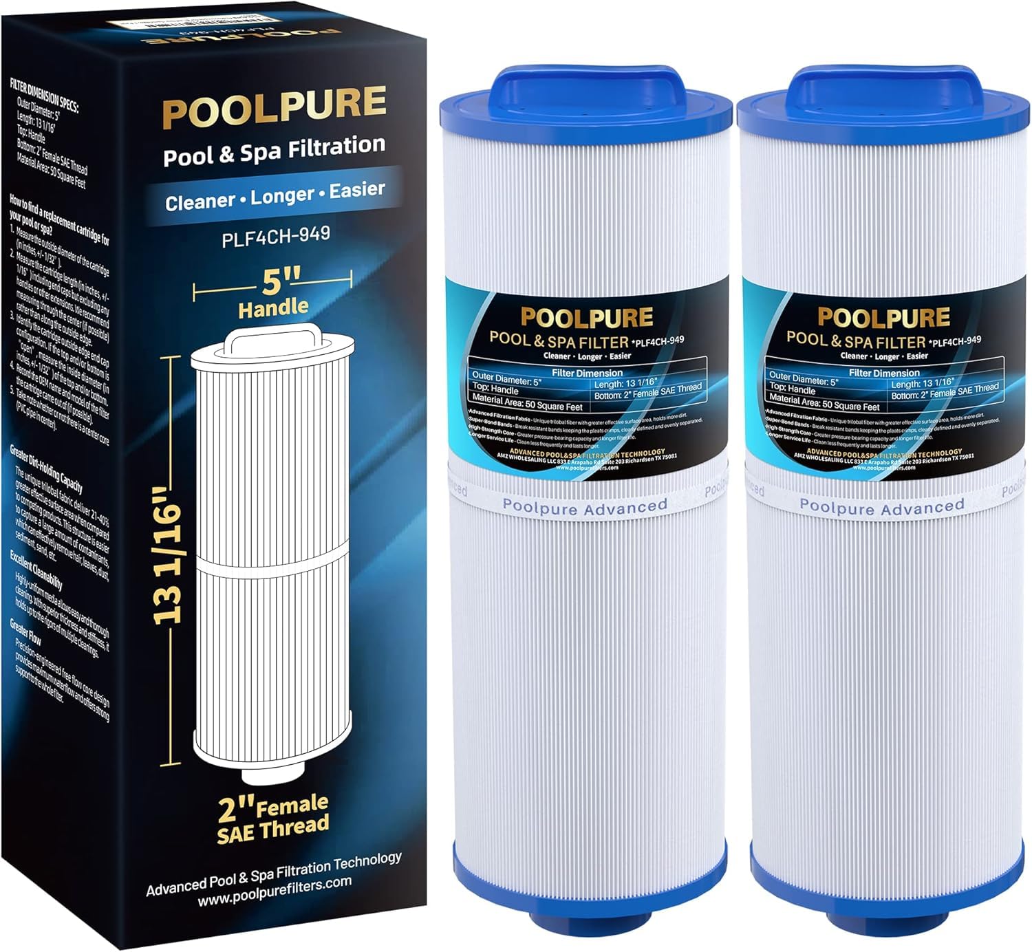 POOLPURE Cartucho de filtro de spa de repuesto para filtro FD2007 Compatible con PWW50L 4CH-949 FC-0172, SD-01143, Rising Dragon 50, filtro Waterway Teleweir 50 m² Paquete de 2 cartuchos