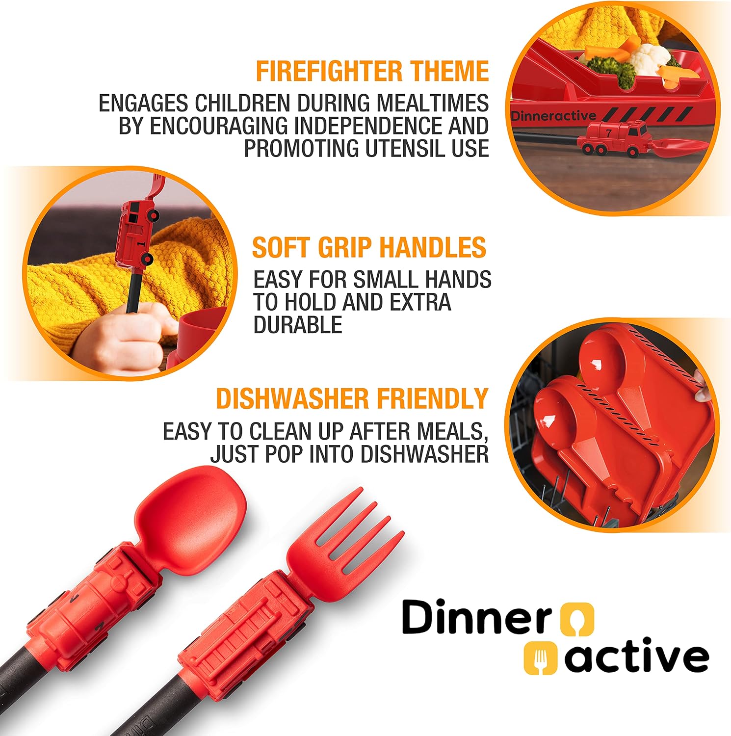 Dinneractive Utensil Set for Kids – Red Firefighter Themed Fork and Spoon for Toddlers and Young Children – 2-Piece Set
