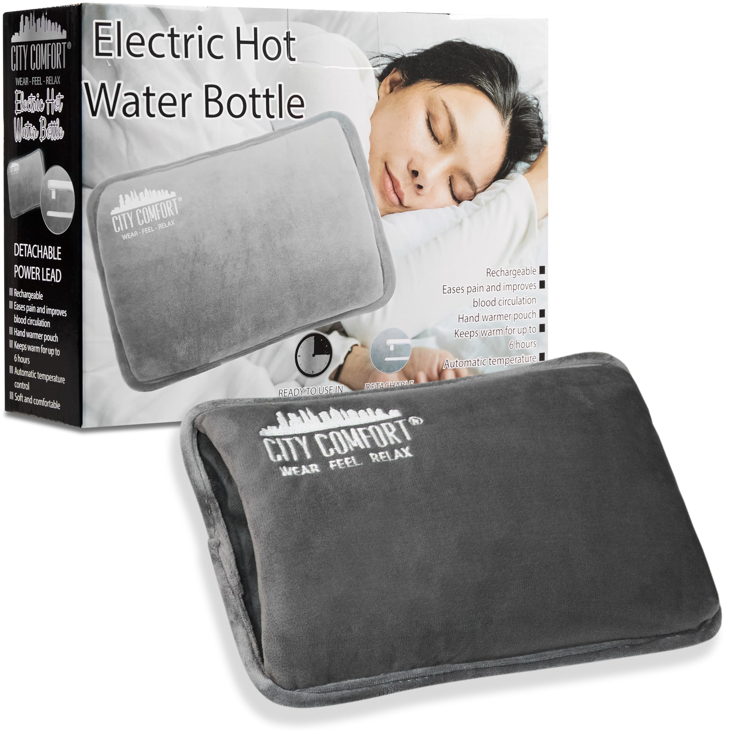 CityComfort Bouillotte Électrique Rechargeable Coussin Chauffant 6H Câble Détachable Chauffe Lit et Chauffe Main Idée Cadeau (Charbon)