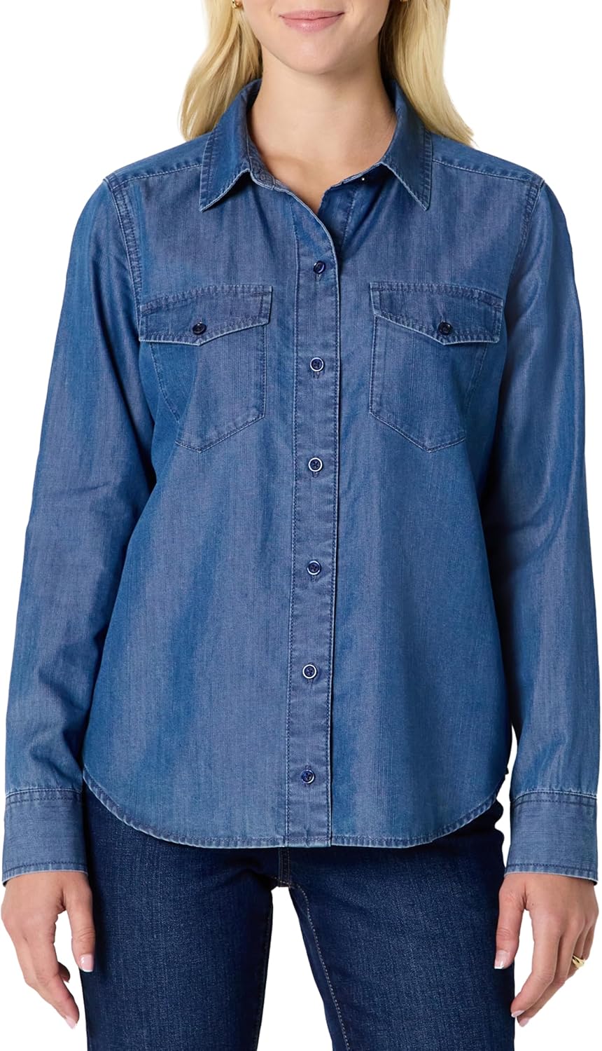 Amazon Essentials Women's Relaxed-Fit Denim Chambray Button-Down Long-Sleeve Shirt