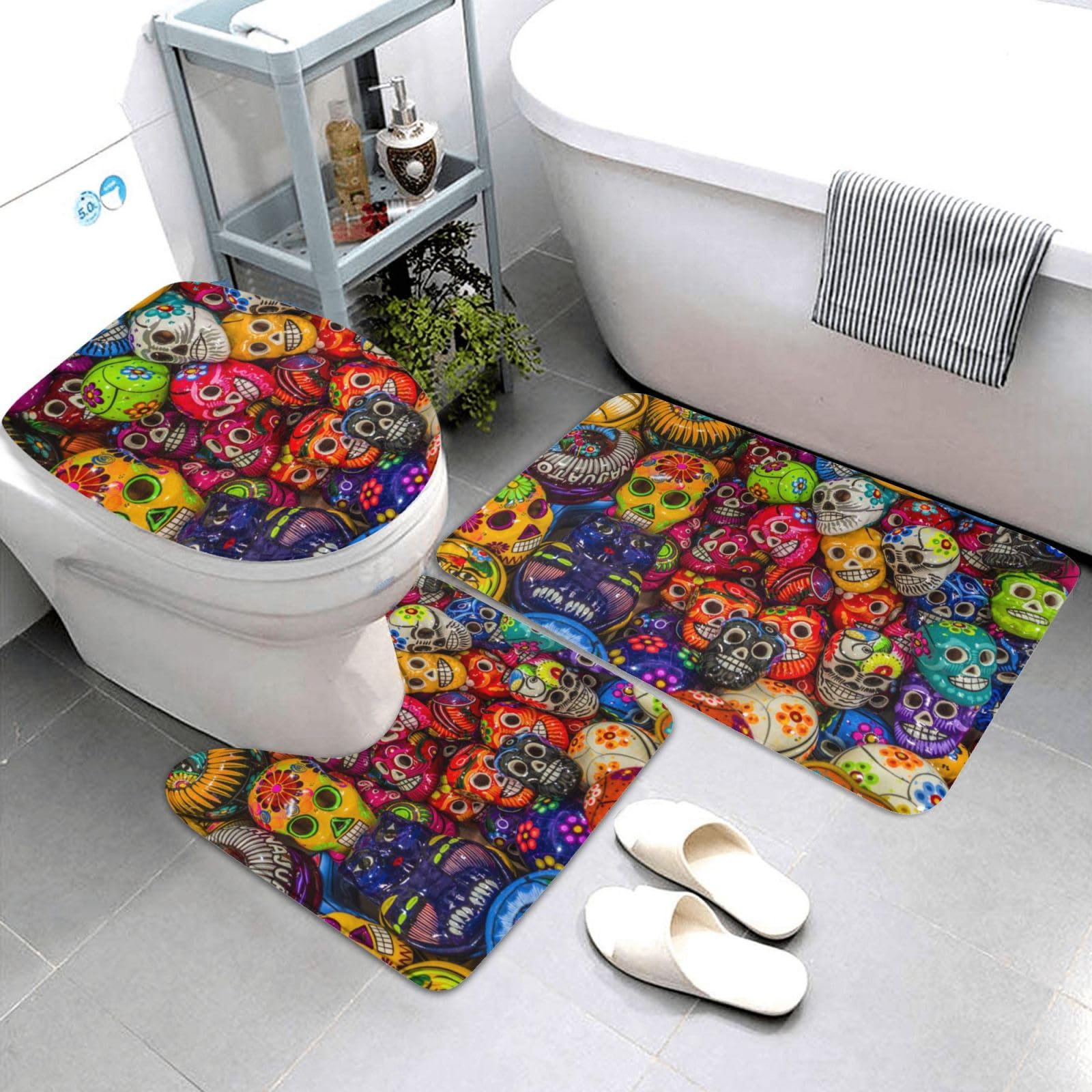 OUSIKA Set di tappetini da bagno con stampa artistica popolare messicana, 3 pezzi inclusi, tappetino da contorno assorbente per bagno