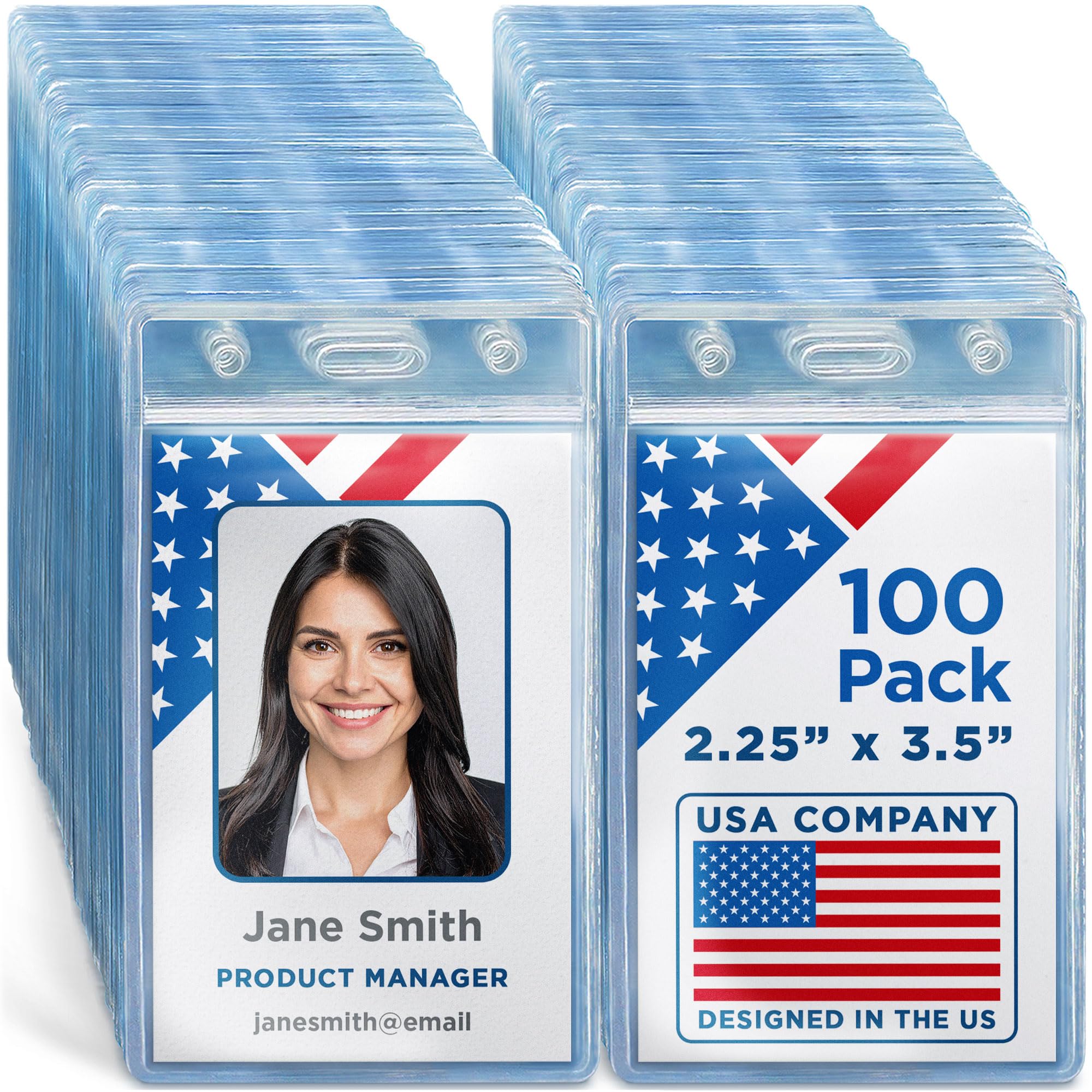 Mifflin-USA Plastic Waterproof ID Badge Holders (Clear, 2.25x3.5 Inch, 100 Pack), Vertical Hanging Name Card Holder with Zipper, Resealable Bulk Nametag Holders