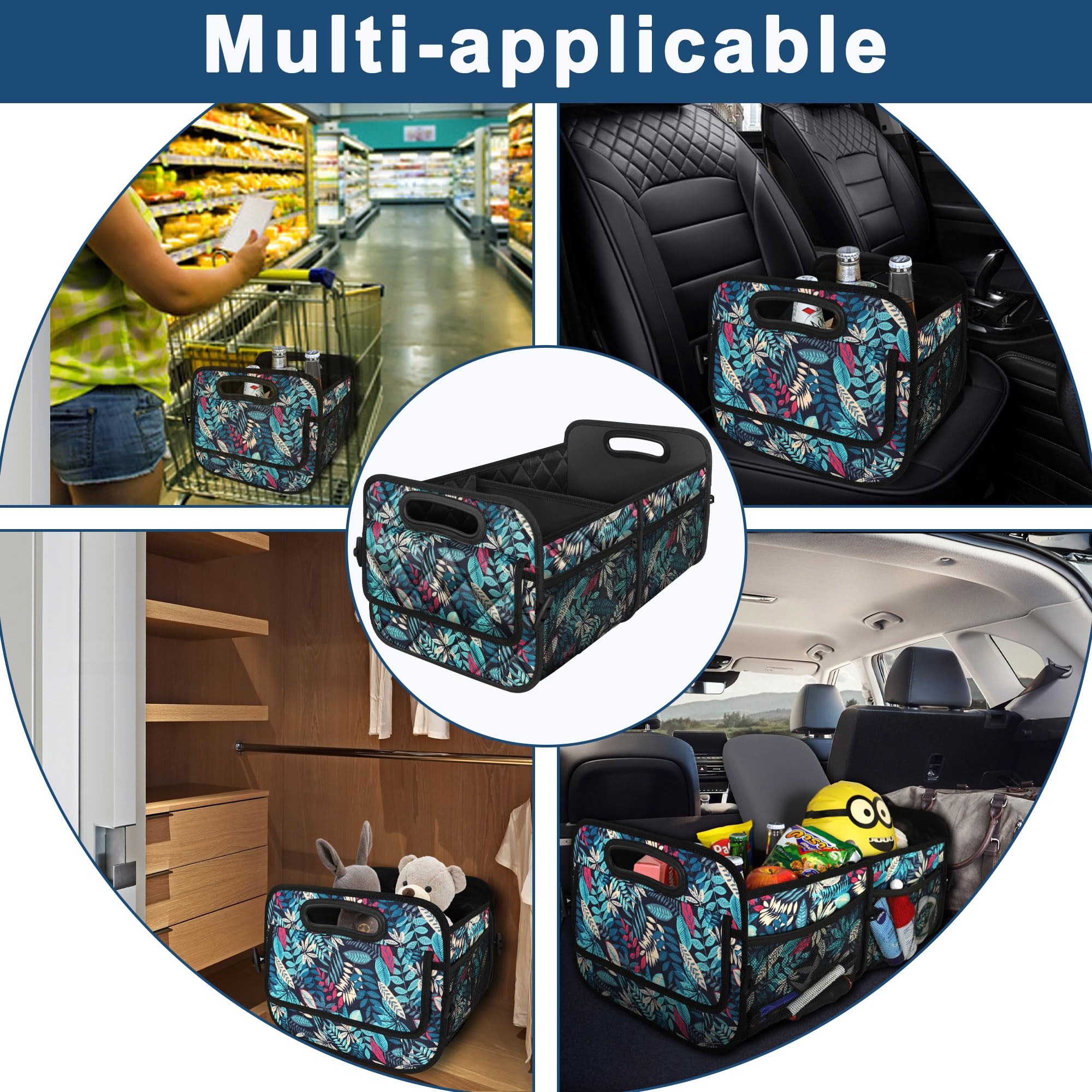 Deosk Organizador de maletero de coche, organizador plegable con 6 bolsillos grandes, organizador de maletero de poliéster impermeable 600D de 50 L para coche/SUV/minivan/camión, mediano, hojas