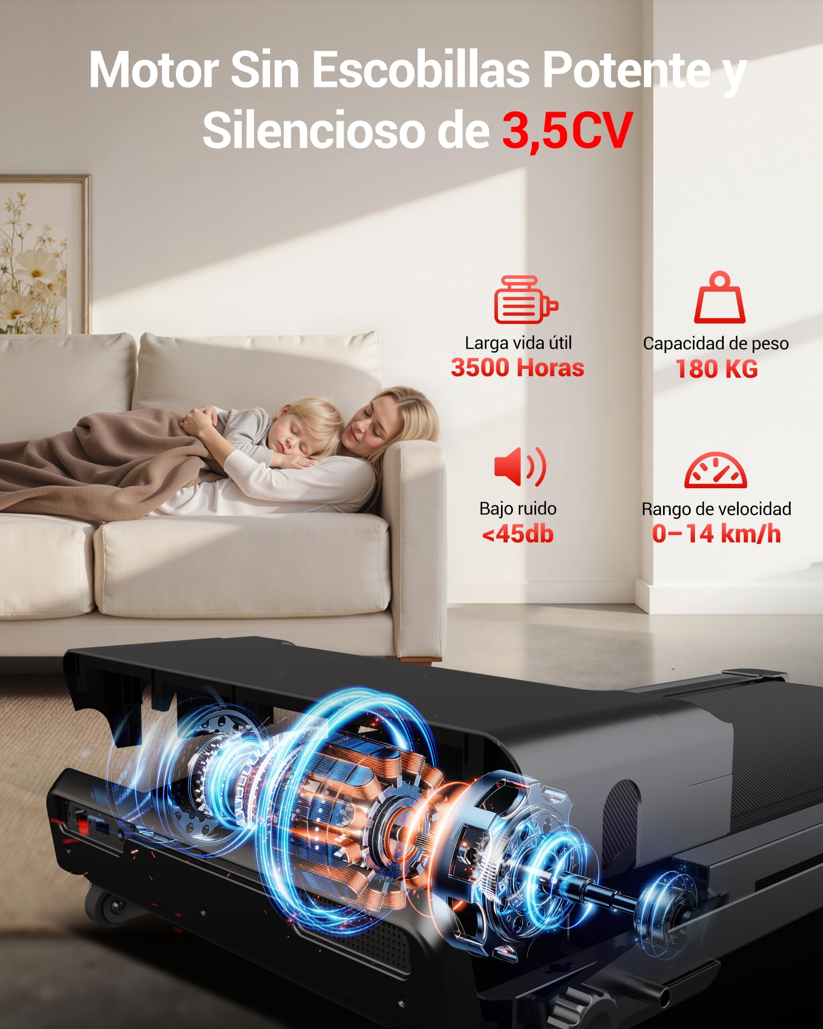 CURSOR Cinta de Correr Plegable con Inclinación 16%, 14 KM/H, 180kg | Cinta de Andar con Frecuencia Cardíaca, 3.5HP Caminadora Electrica para Casa, LED, 180kg, Fácil Transporte