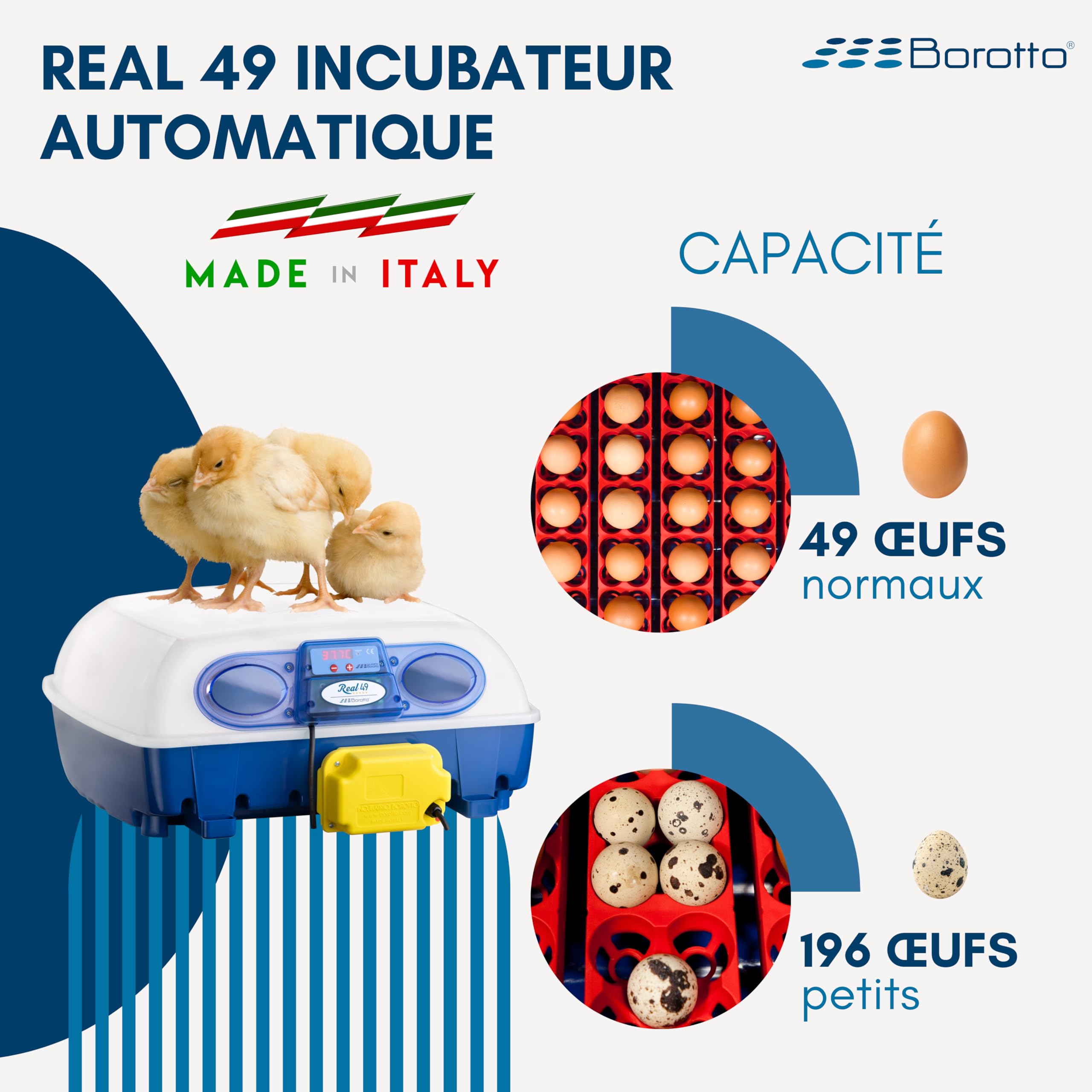 Borotto Real 49 Automatique | Couveuse Oeuf Automatique 49 ou 196 Petit avec Retournement Automatique et Contrôle de la Température | Made in Italy