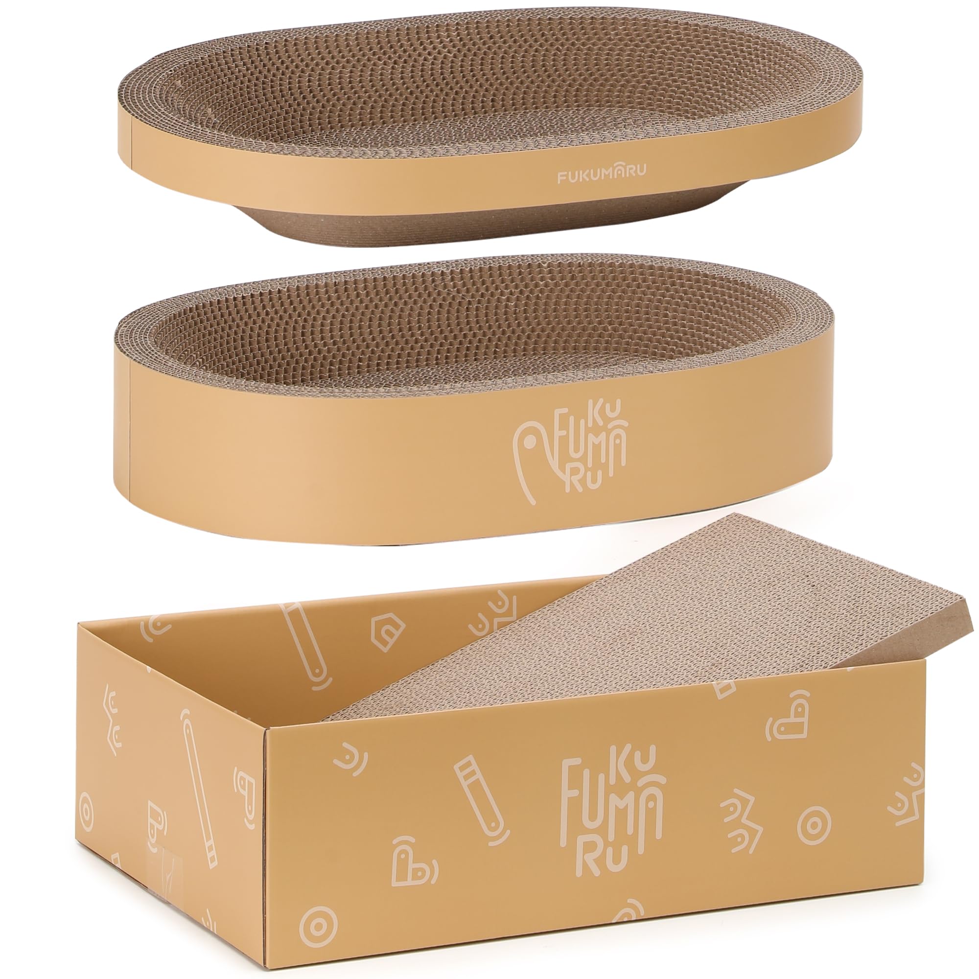 FUKUMARU Set 3 Pezzi Tiragraffi in Cartone per Gatti, Cuccia e Tiragraffi Ovale con Graffiatoio per Gatti Adulti Interni, Salvaspazio e Resistente, Protezione Divano e Mobili Interni.