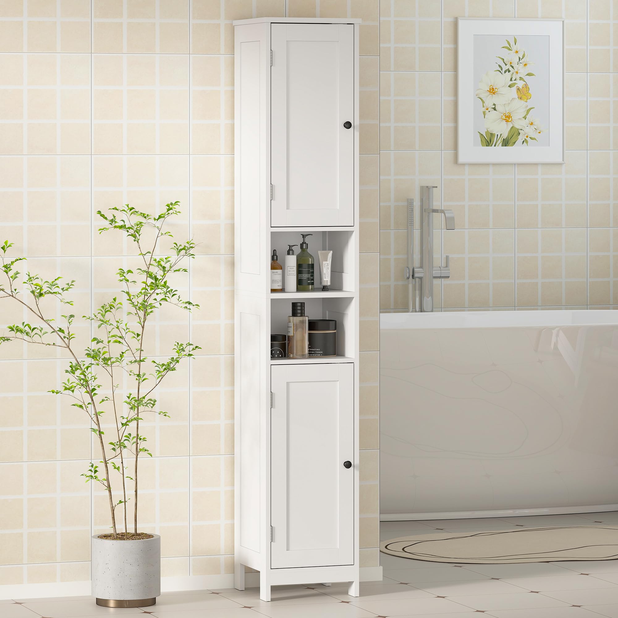 HOMCOM Mobile Bagno a Colonna con 2 Armadietti e 2 Ripiani Aperti Mobiletto Bagno Salvaspazio con Ripiani Regolabili per Soggiorno Sala da Pranzo 30x30x170 cm Bianco