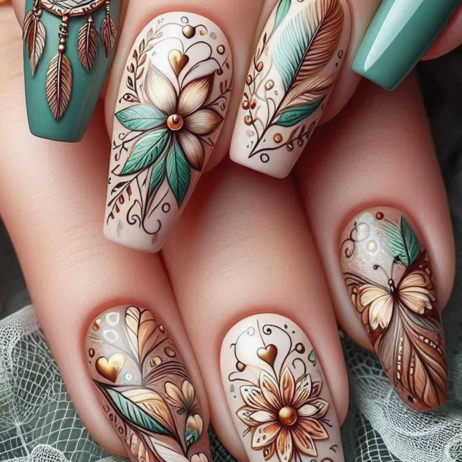 Coffin Press on Nails Medium Nails Press ons Spring Fake Nails with Flower Butterfly Designs Glossy Glue on Nails Cute False Nails Green Acrylic Nails